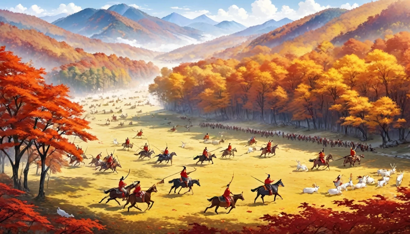 ancient china, tents on a large meadow on the right of the border of a forest in autumn with red and yellow leaves, men and women wearing hanfu riding horses, using bow and arrow hunting deers and rabbits