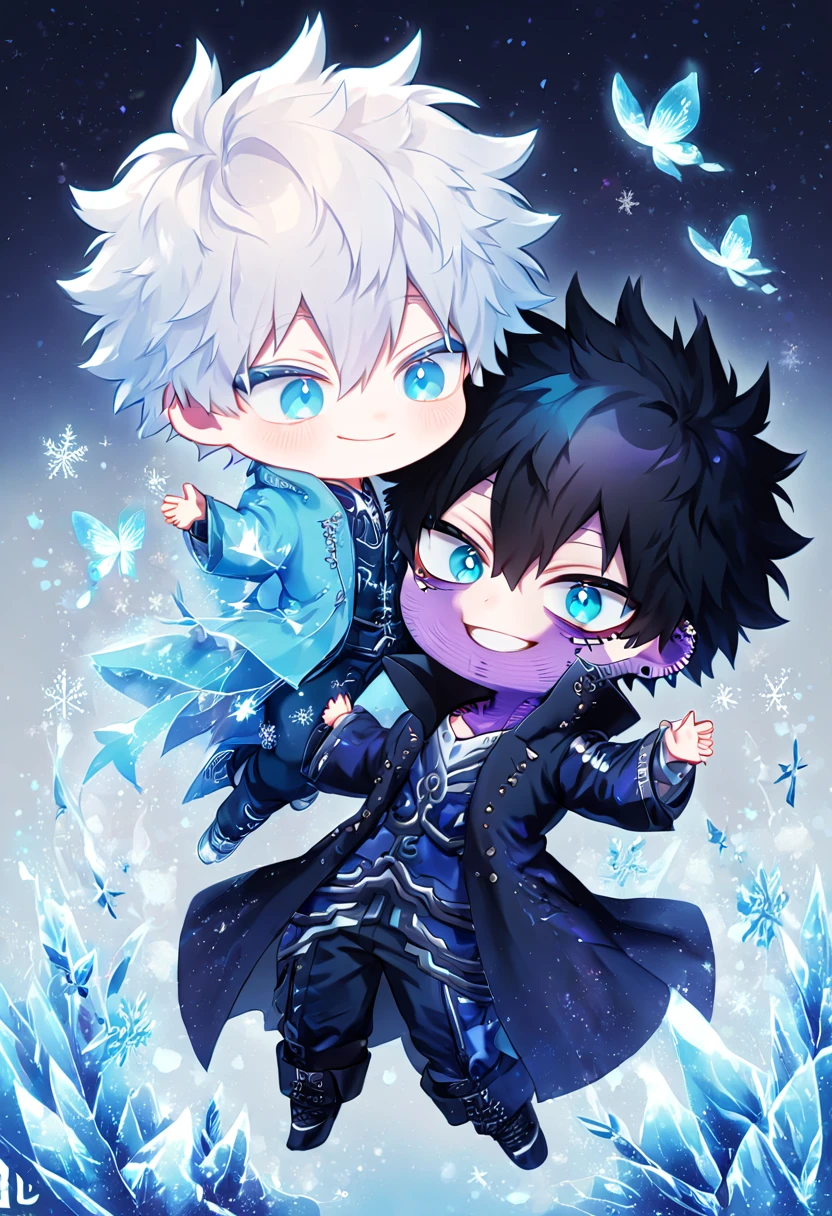 absurdres, highres, ultra detailed, HDR, master piece, best quality, extremely detailed face, delicated features, Dabi chibi, black hair, expressive turquoise eyes, Boku No Hero Academia, Gojou Satoru chibi, white hair, expressive blue eyes, white eyelashes, two boys together, yaoi, gay couple, cute, smiling, blue jacket with fur, black coat, fantasy, magical, ice, blue fire, ice butterflies, snowflakes, starry night