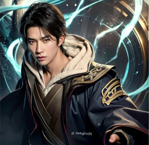 1male with realistic black hair, exactly the same hairstyle, realistic Korean handsome face, realistic cool expression, realistic cold eyes, exactly the same clothes,Realistic light, realistic shadows, realistic background, wearing high collared fantasy robes, cowboy shot
