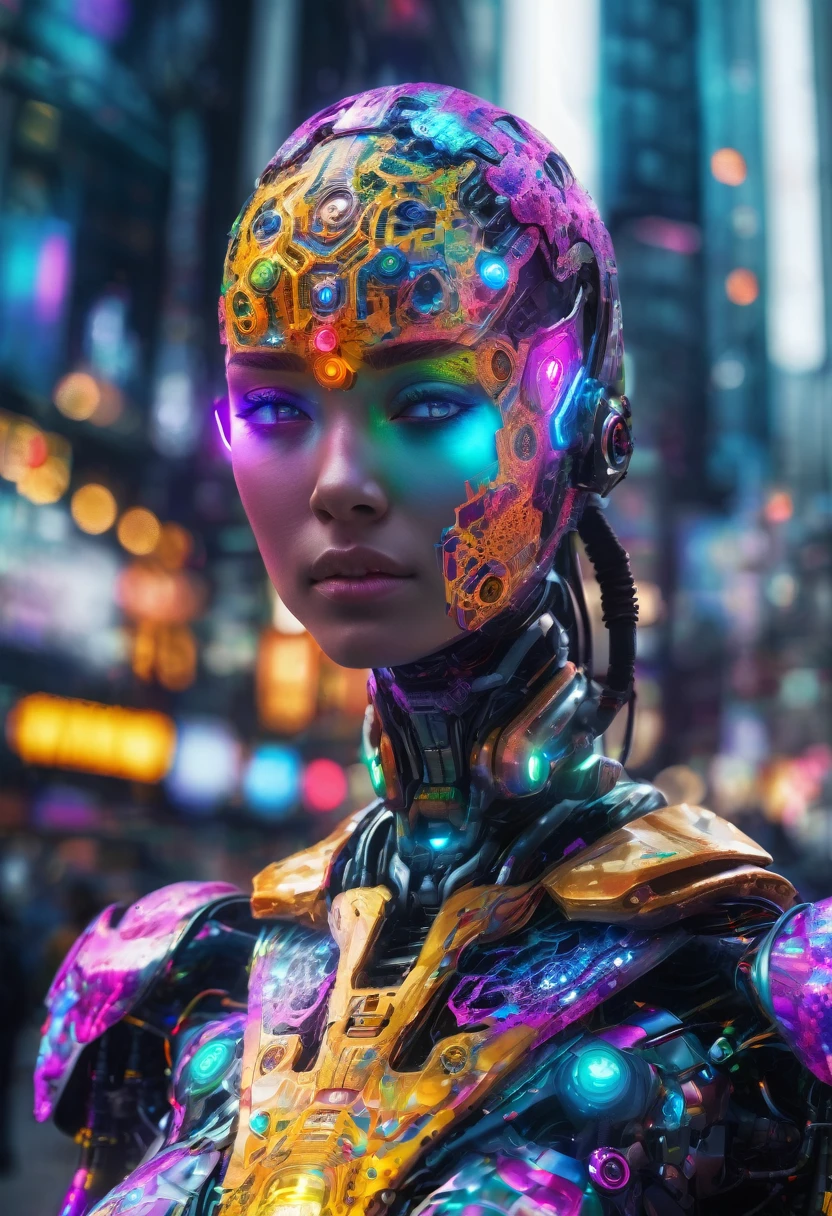 A giant Colorful Cyborg with fractal textured skin, bokeh, cyberpunk, techno city