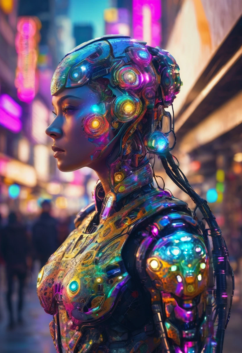A giant Colorful Cyborg with fractal textured skin, bokeh, cyberpunk, techno city