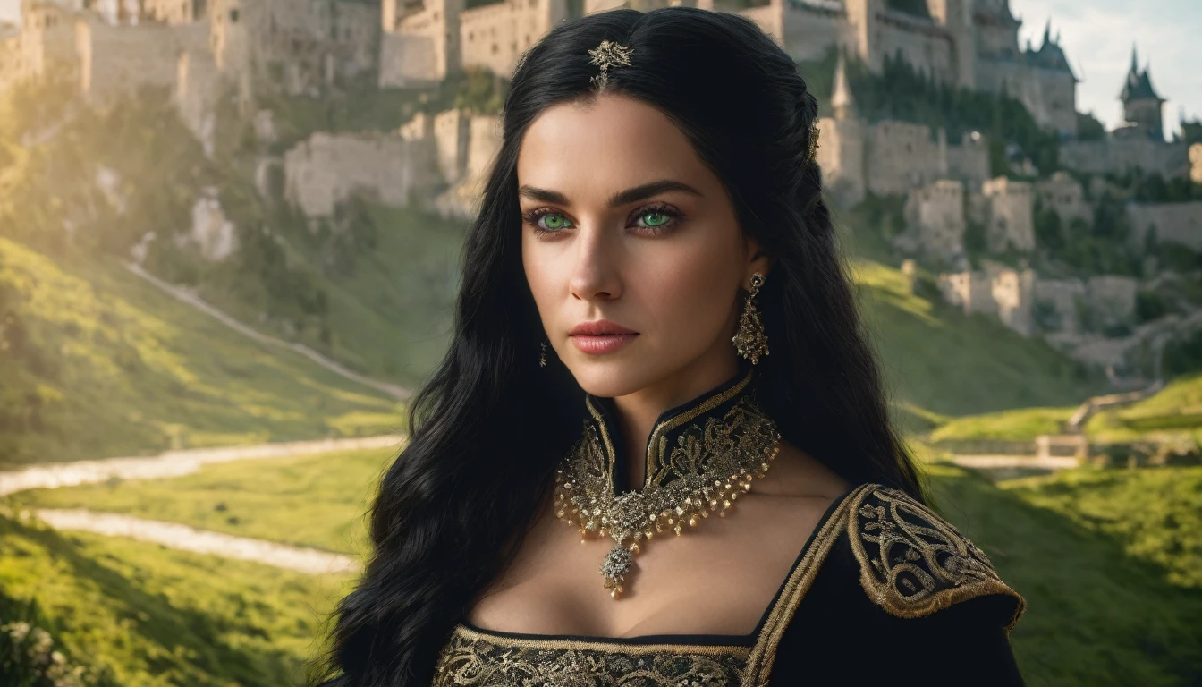 Royalty queen, green eyes, beautiful black long hair, 8k, hdr, detailed background