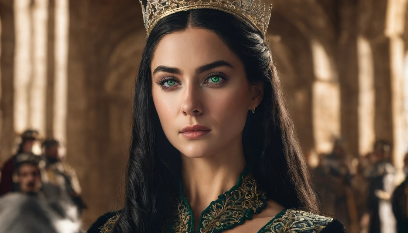 Royalty queen, green eyes, beautiful black long hair, 8k, hdr, detailed background