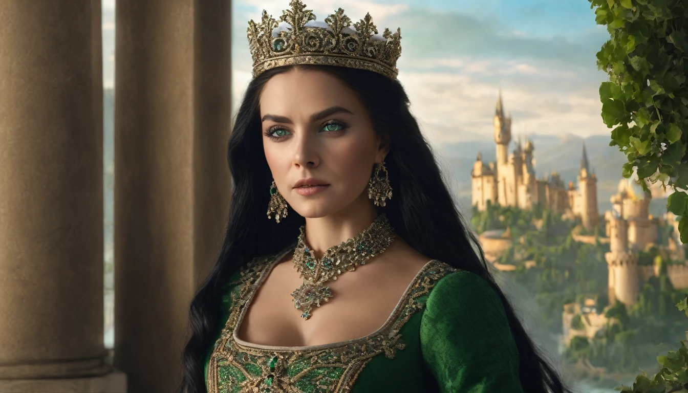 Royalty queen, green eyes, beautiful black long hair, 8k, hdr, detailed background