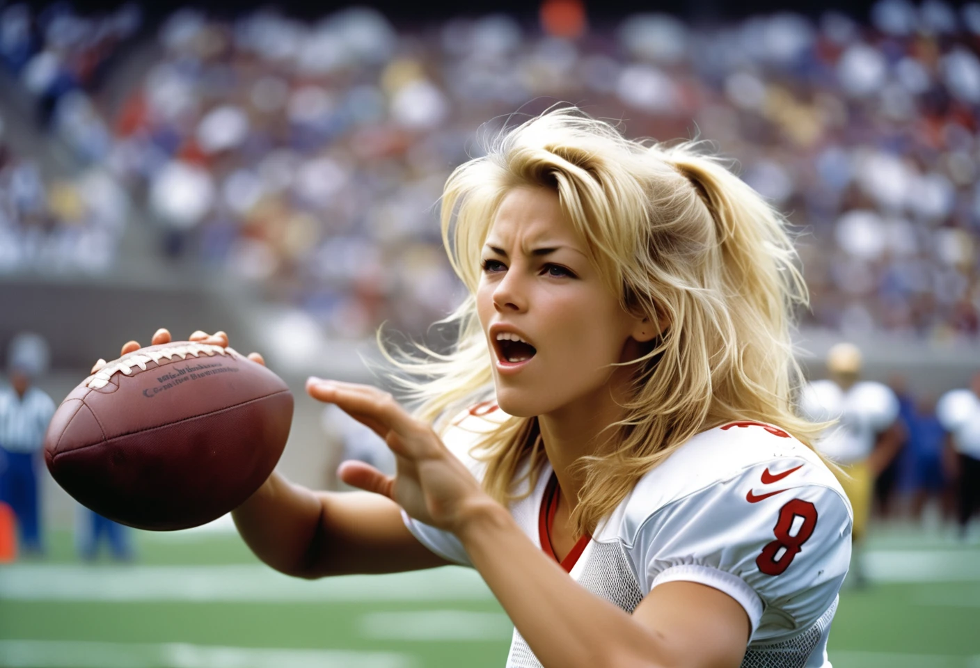 Photo, Closeup of a blonde female quarterback throwing a football, midriff. Style by Masamune Shirow, Canon 5d Mark 4, Kodak Ektar, 35mm