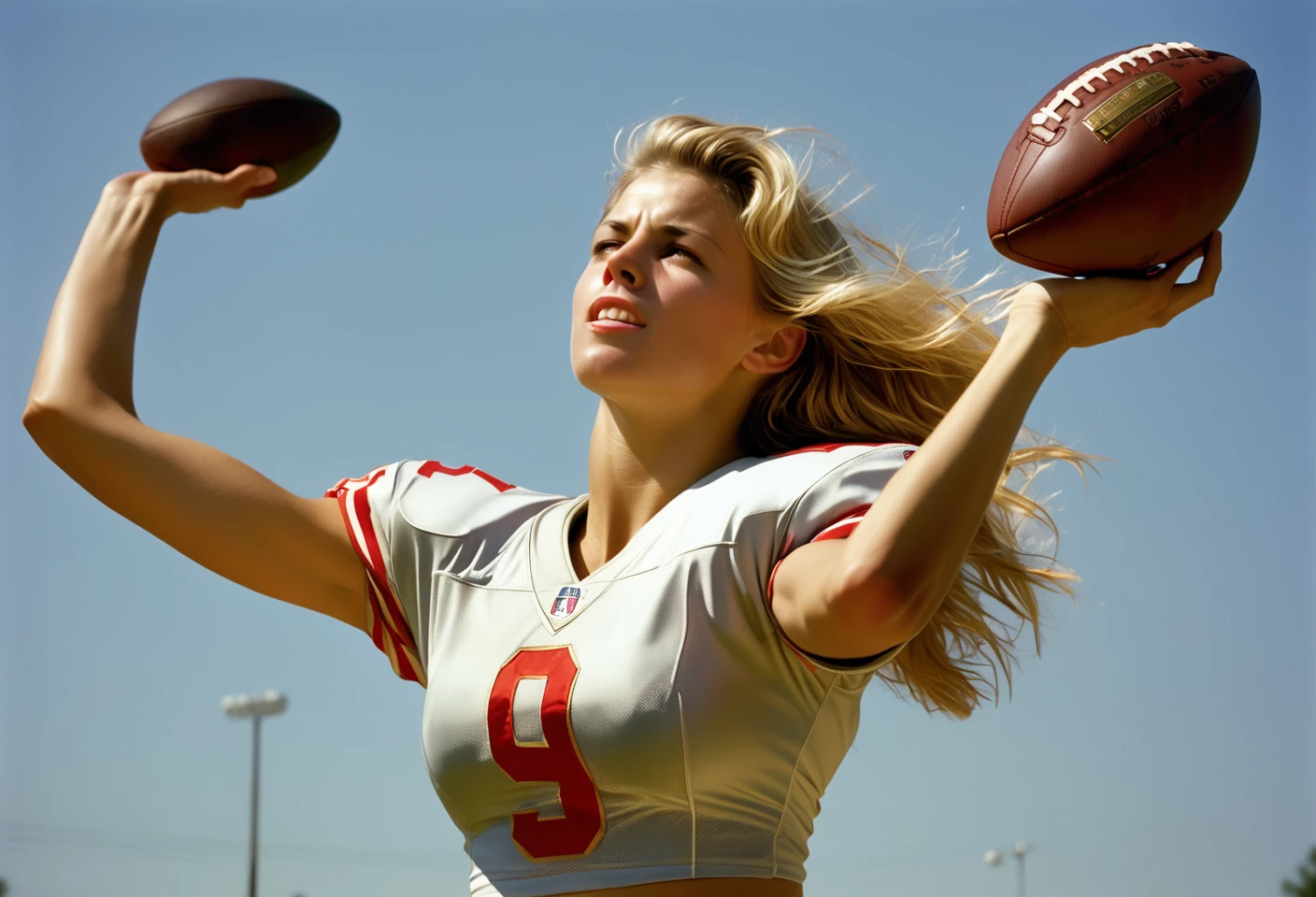 Photo, Closeup of a blonde female quarterback throwing a football, midriff. Style by J.C. Leyendecker, Canon 5d Mark 4, Kodak Ektar, 35mm