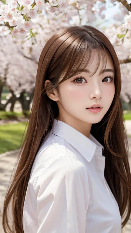 masterpiece、Highest quality、High resolution、wallpaper、Realistic、Bright lighting、Professional Lighting、Face Light、Smooth lighting、Japanese women、20-year-old、Beautiful woman、action、gravure、sexy、White collared shirt、so beautiful、Beautiful Skin、Beautiful and detailed、Detailed face、slim、moderately、Beautiful long hair、Brunette Hair、Dark brown eyes、Looking at the camera、Upper Body、Under the cherry tree