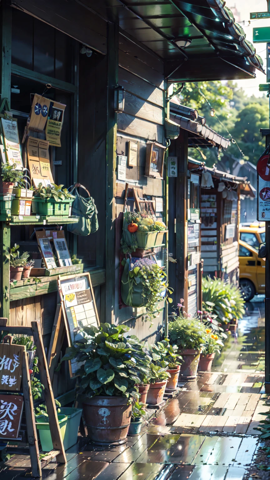 plants,trees, rainy season,cycle parked out of the shop, vegetables shop, High quality,good perspective, morning environment, morning sunshine, anime style, wallpaper, high details, detailed, cinematic lights , artstation, multicolour, Japan .(brokeh effect)(glowing and fireflies)