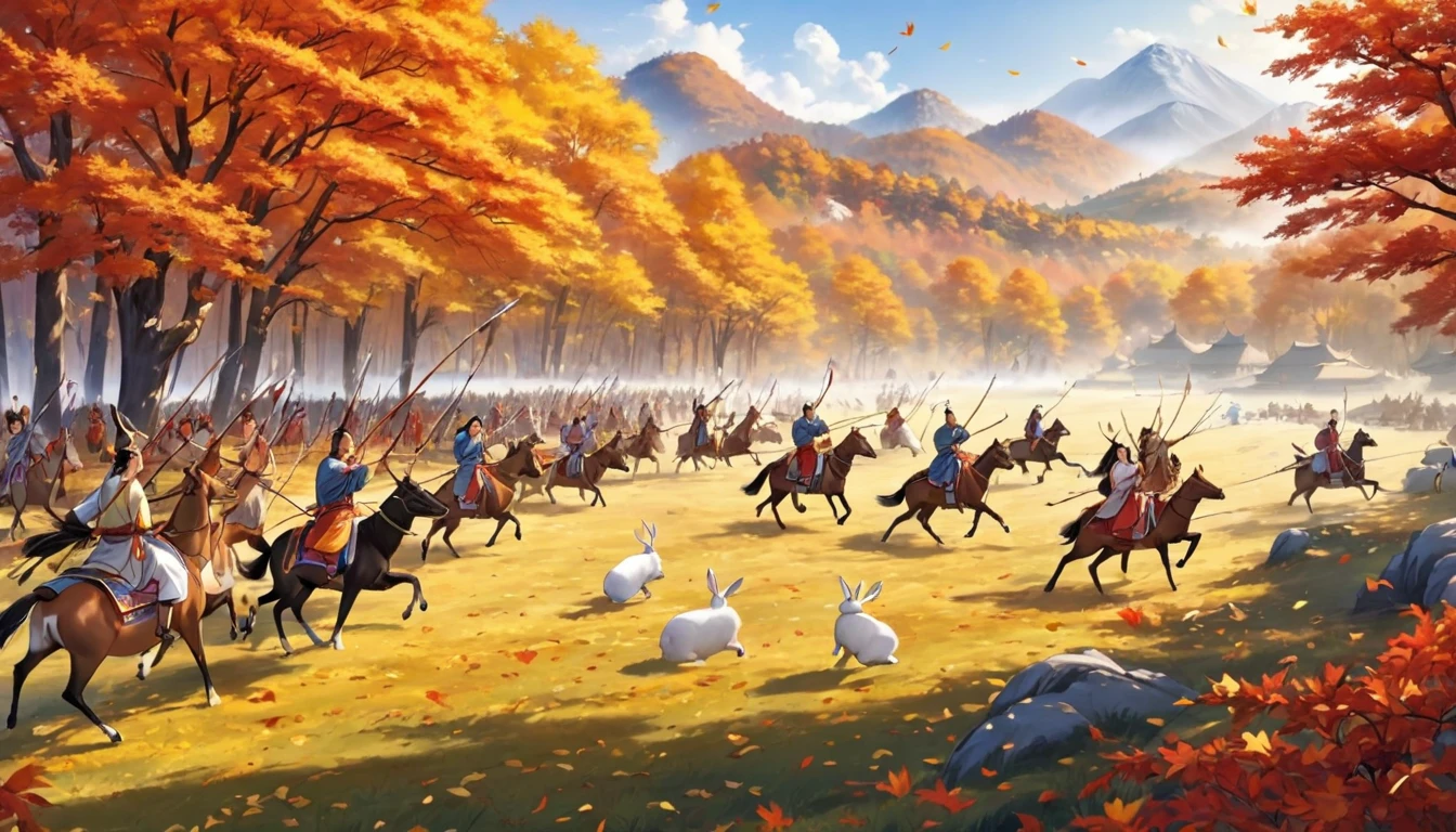 ancient china, royal hunting, tents on a large meadow on the right of the border of a forest in autumn with red and yellow leaves, men and women wearing hanfu riding horses, using bow and arrow hunting deers and rabbits