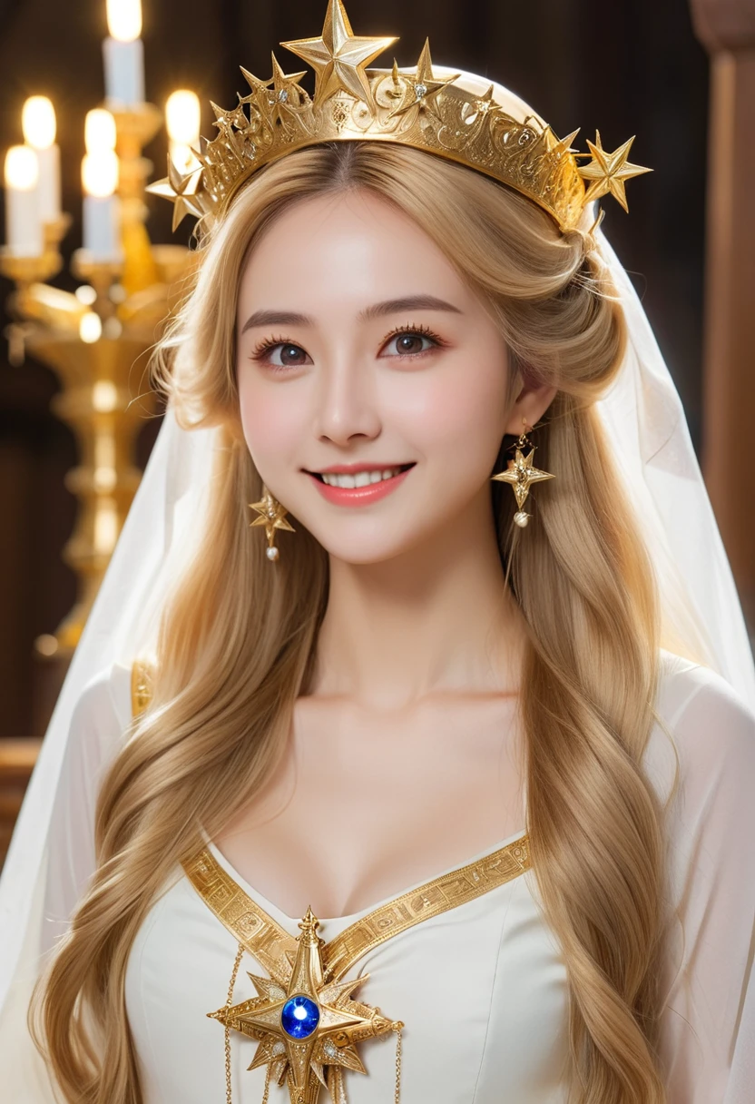 ((Highest quality, 8k, masterpiece: 1.3)), Slim abdomen, Golden Hair, Hair behind the ear, Long Hair, Big Hair,, Star hair ornament, Upturned eyes, A light smile, ((Holy Priestess)), Pray in Church, Beautiful Face, Highest quality, Glowing Skin, Detailed skin, ((Detailed face, Detailed eyes))