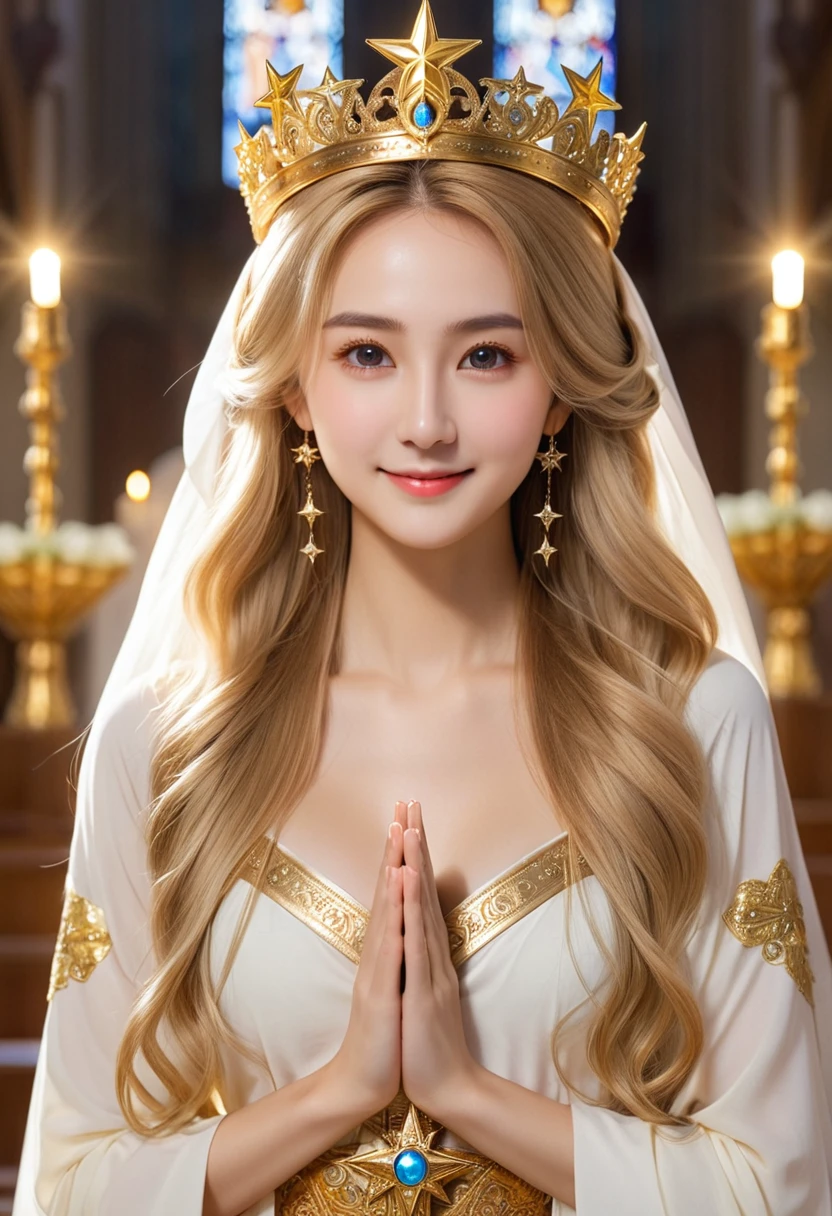 ((Highest quality, 8k, masterpiece: 1.3)), Slim abdomen, Golden Hair, Hair behind the ear, Long Hair, Big Hair,, Star hair ornament, Upturned eyes, A light smile, ((Holy Priestess)), Pray in Church, Beautiful Face, Highest quality, Glowing Skin, Detailed skin, ((Detailed face, Detailed eyes))