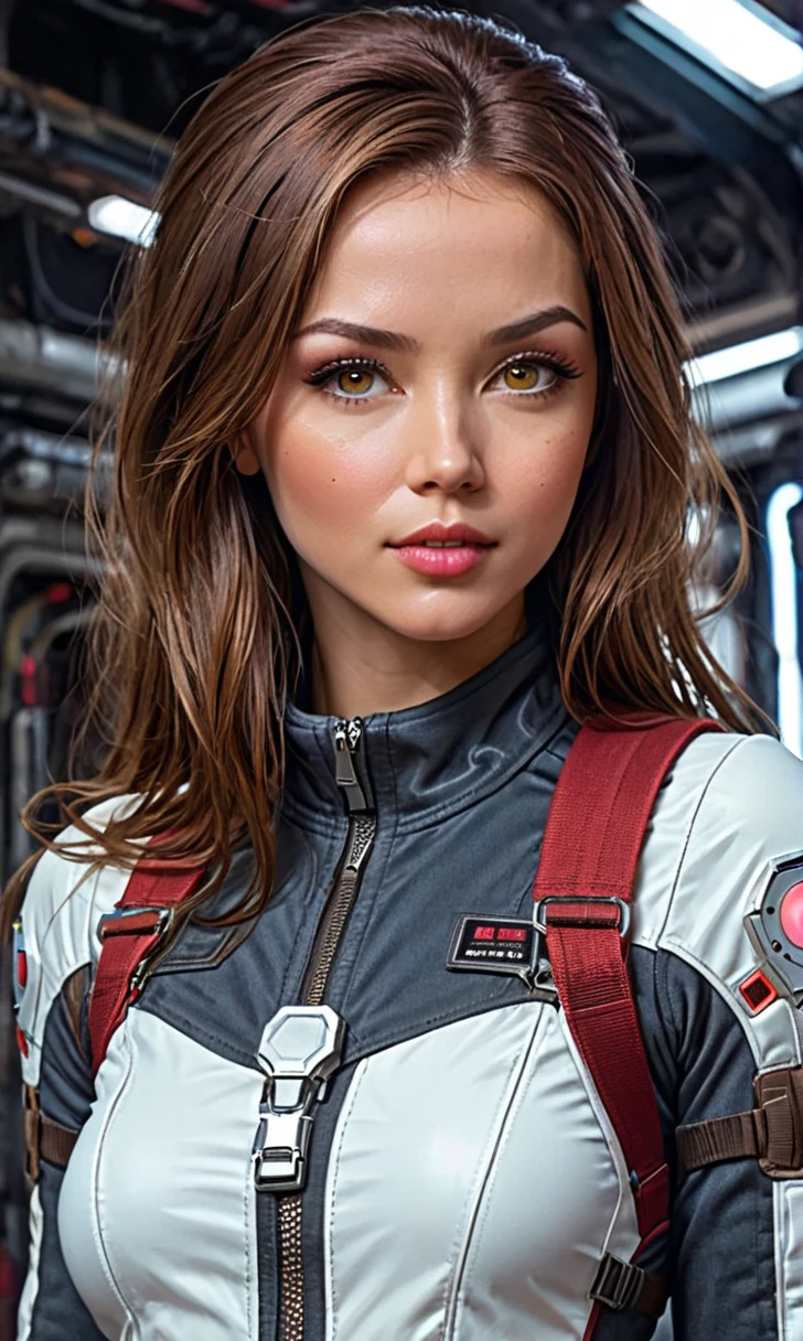 Ohhada woman, light brown hair, super detailed face, high quality face, Cosmos traveller, tight, tight overalls, full jumpsuit, In the style of Andrzej Sykut, Dark white and light red, cyberpunk, cyber girl, perfect body, Ideal woman, super detailed, high quality, super detailed face, attractive, Cosmosships, Cosmos, dark fantasy, Science fiction, galaxy, Cosmos, full length 