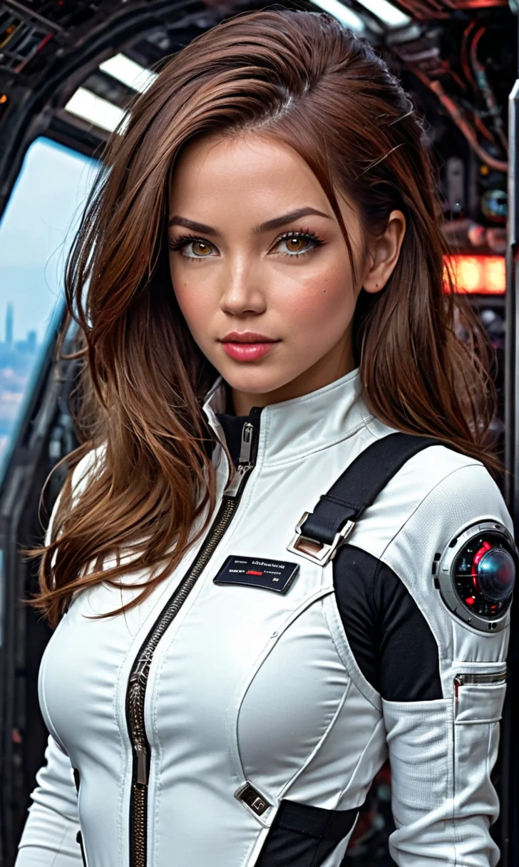 Ohhada woman, light brown hair, super detailed face, high quality face, Cosmos traveller, tight, tight overalls, full jumpsuit, In the style of Andrzej Sykut, Dark white and light red, cyberpunk, cyber girl, perfect body, Ideal woman, super detailed, high quality, super detailed face, attractive, Cosmosships, Cosmos, dark fantasy, Science fiction, galaxy, Cosmos, full length 