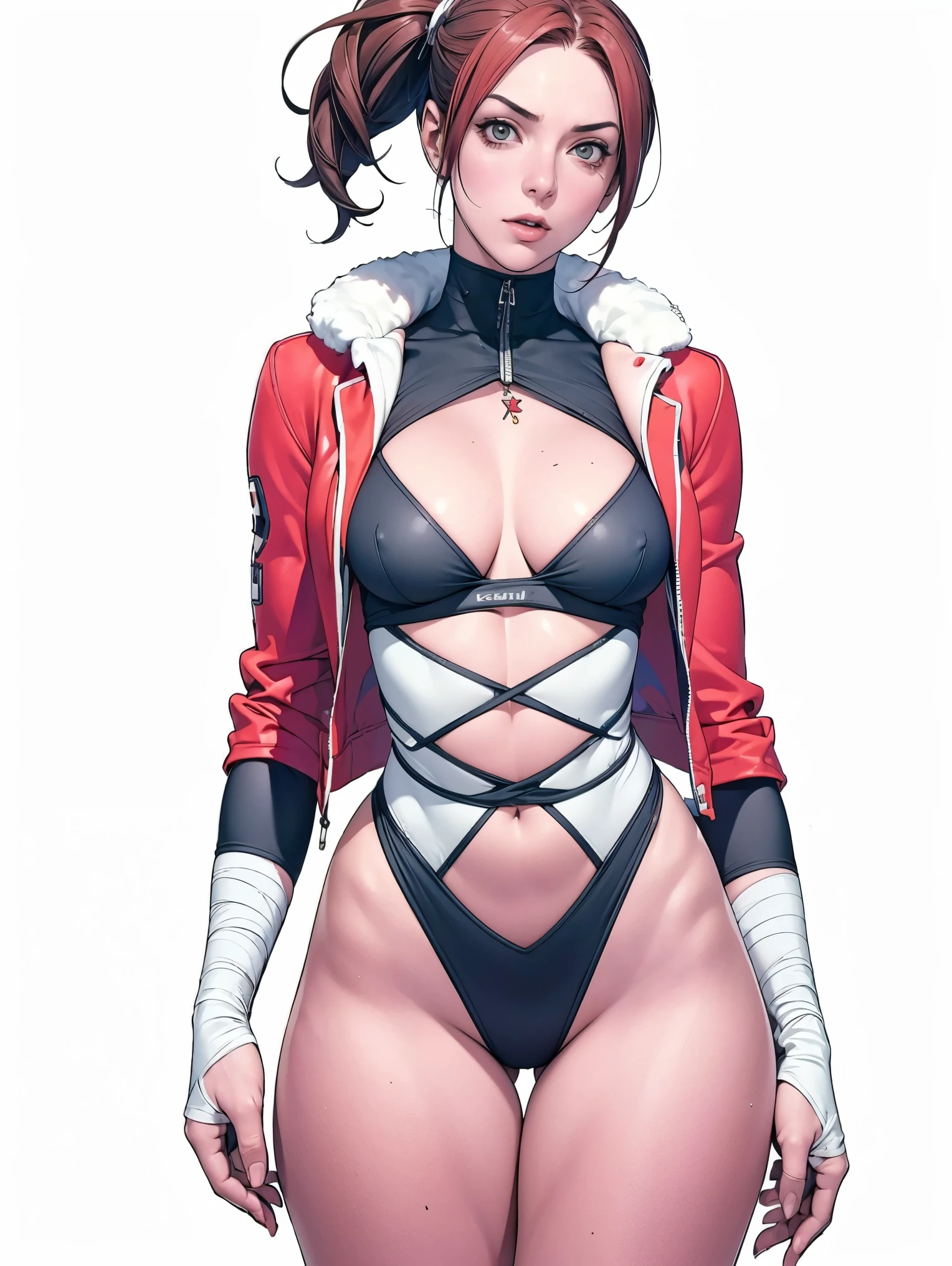 (((Annie Lennox))), (((colorful suit))), (scars), (((bandaged arms))), (((colorful clothes))) (( hood)), (((best qualityer: 1.4))), (Unbeatable masterpiece), (hiper HD),(CG 8k hyper-realistic), brave face, (((breasts big))), (((hyper feminine))), sexly girl, black tattoo,(ultra short red hair with white highlights)), ((( sculptural body ))), (((1 Kizi))), Kizi tatuada de 25 anos com perfectbody,,Beautiful and well-groomed face,muscular body:1.2,solid color detailed jacket, (Head to thigh photos), Complex equipment, ,Tight clothes,With white stars and off-white stripes,,,,,Armor Metal Electronic Parts, Poison tattoos ) INFO, Kizi, (((standing alone))), , 24歳, sexy, pose de atitude, work of art, post-apocalypse, (((manga style))), bounty hunter, the way you want, perfect body, roupa moderna, advanced technology, red, yellow, black, fur collar jacket, sleeves with vertical striped pattern, background city, (( cowboy shot )). intricate visual, narrow waist, (((wide hips))), wide hips, fit thighs, (thigh gap), background shows a futuristic airplane