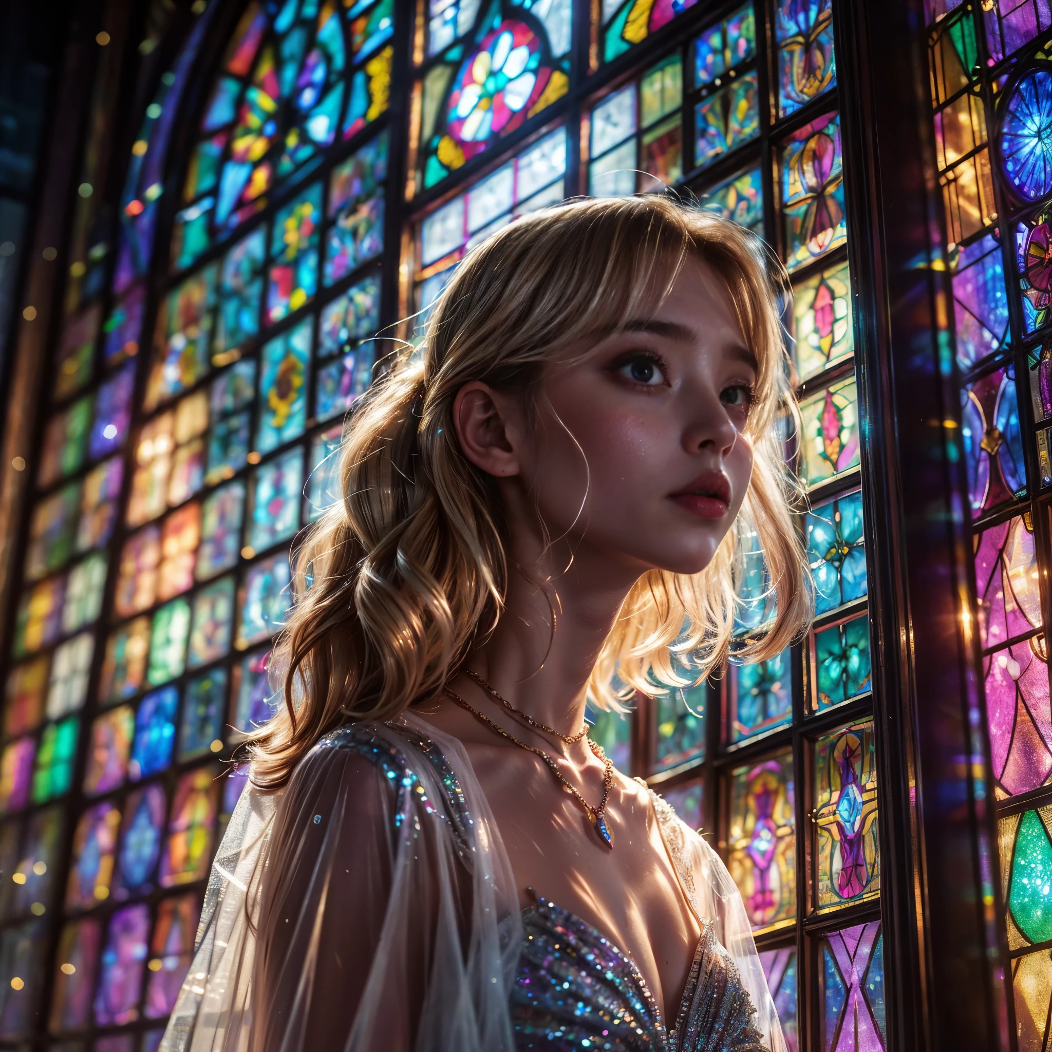 (Cathedral from below:1.28) (ZoomLayer) TopQuality 8K masterpiece of ((Professional photo)), (((Clarisse de Cagliostro))) (Detailed White WeddingDresses), Chain, (((Extremely detailed KAWAII face))) {((VeiledFace))|BlondeHair|(Elaborate BuleEyes)with(SparklingHighlights:1.28)}, The background is distant (((Elaborate stained glass))) Rainbow Glass, {(MysticSight)|EnchantingAtmosphere|Haze|(GodRays)|TyndallEffect}, Radiant PearlSkin with Transparency, (Exposed:0.39)