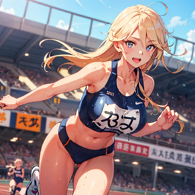 iowa_kantaicollection,blonde hair,(masterpiece:1.4),(best quality:1.4), (high quality:1.4),(hyper detailed:1.4),(exquisite:1.4), art CG,8K,full body,1girl,solo,
small, sidelocks, fisheye lens, ((wearing Track and Field Uniforms )), detailed ultra cute face, crop top, (realistic, photo-realistic:1.37), happy, midriff, underboob, Cleavage, in school,wet body, shiny skin, huge breasts, super detailed skin, detailed, (running form:1.3), whole body, track-and-field arena