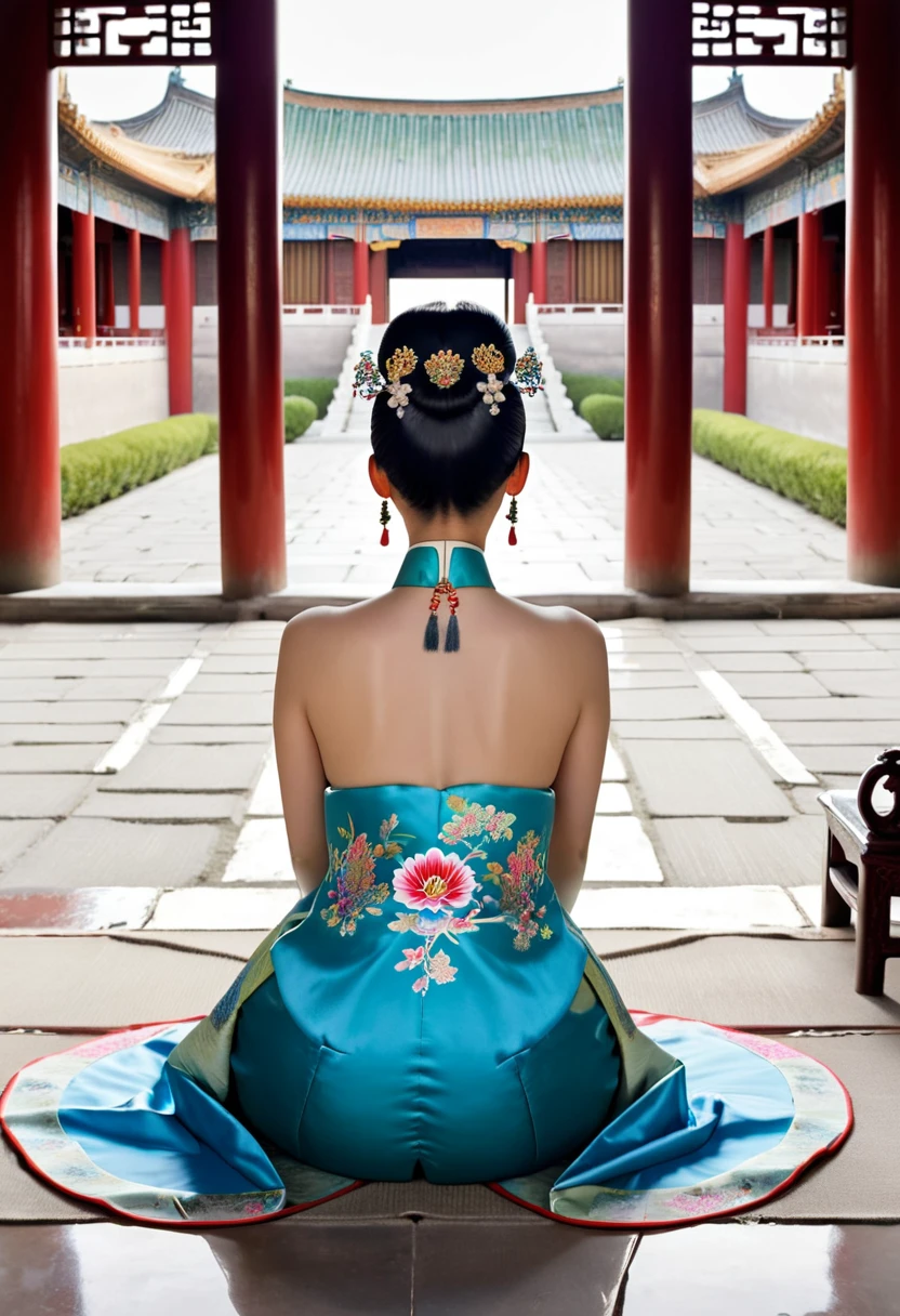 Woman seen from behind A 35-year-old empress is sitting in the Chinese palace of the Qing dynasty, urinating while sitting with her big ass sticking out. Her hair is tied up and pulled up, with a hair ornament with flashy flowers on both sides. This perverted and erotic woman is in the background of the Chinese palace of the Qing dynasty.