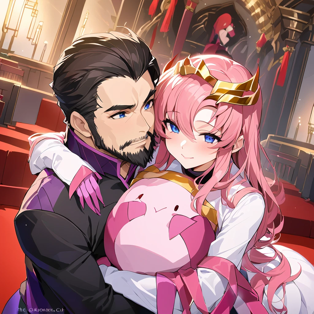 ((Highest quality)), ((masterpiece)), (detailed), （Perfect Face）、The woman is Lacus Clyne, the wife of the leader of the Evil God Cult. She has blue eyes, medium-long pink hair, a hair accessory, and is wearing the suspicious and luxurious Evil God Cult uniform, as well as a necklace and accessories with devil symbols, a gorgeous head chain tiara, and an engagement ring.、The woman is the wife of a middle-aged, bearded cult leader who is revered by a mysterious cult of evil gods.、The mysterious cult leader, dressed in the luxurious clothing of the cult leader, is embracing and cuddling at the altar of the cult.