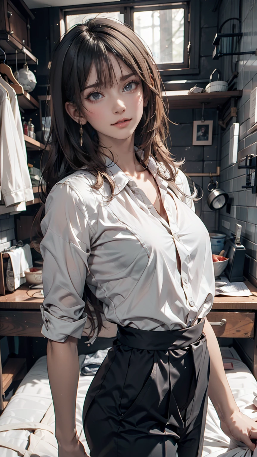 Fashion model photographed in a white studio。A simple monochrome ensemble、Clean cut white blouse、Black slacks、Silver Accessories