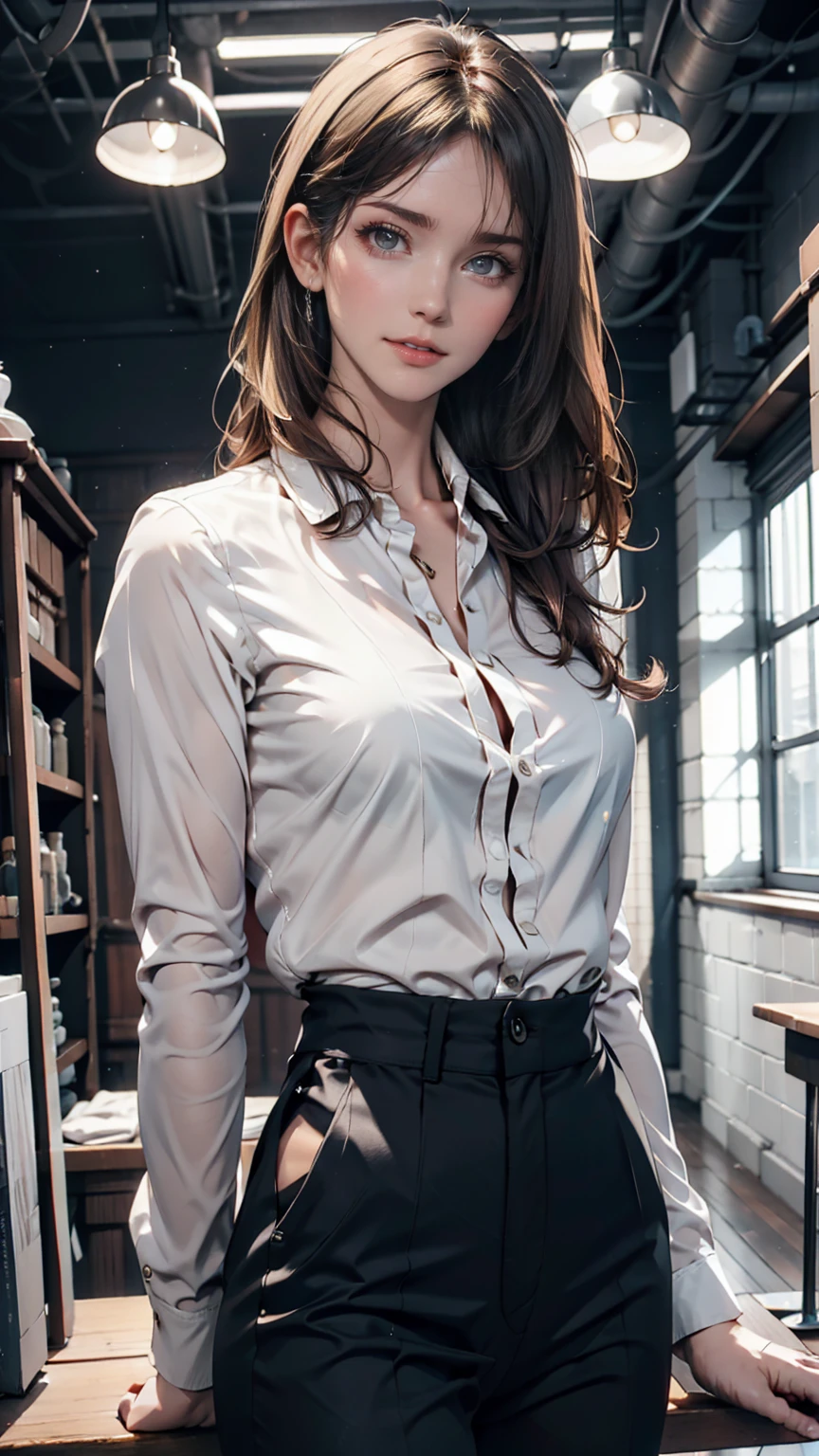 Fashion model photographed in a white studio。A simple monochrome ensemble、Clean cut white blouse、Black slacks、Silver Accessories