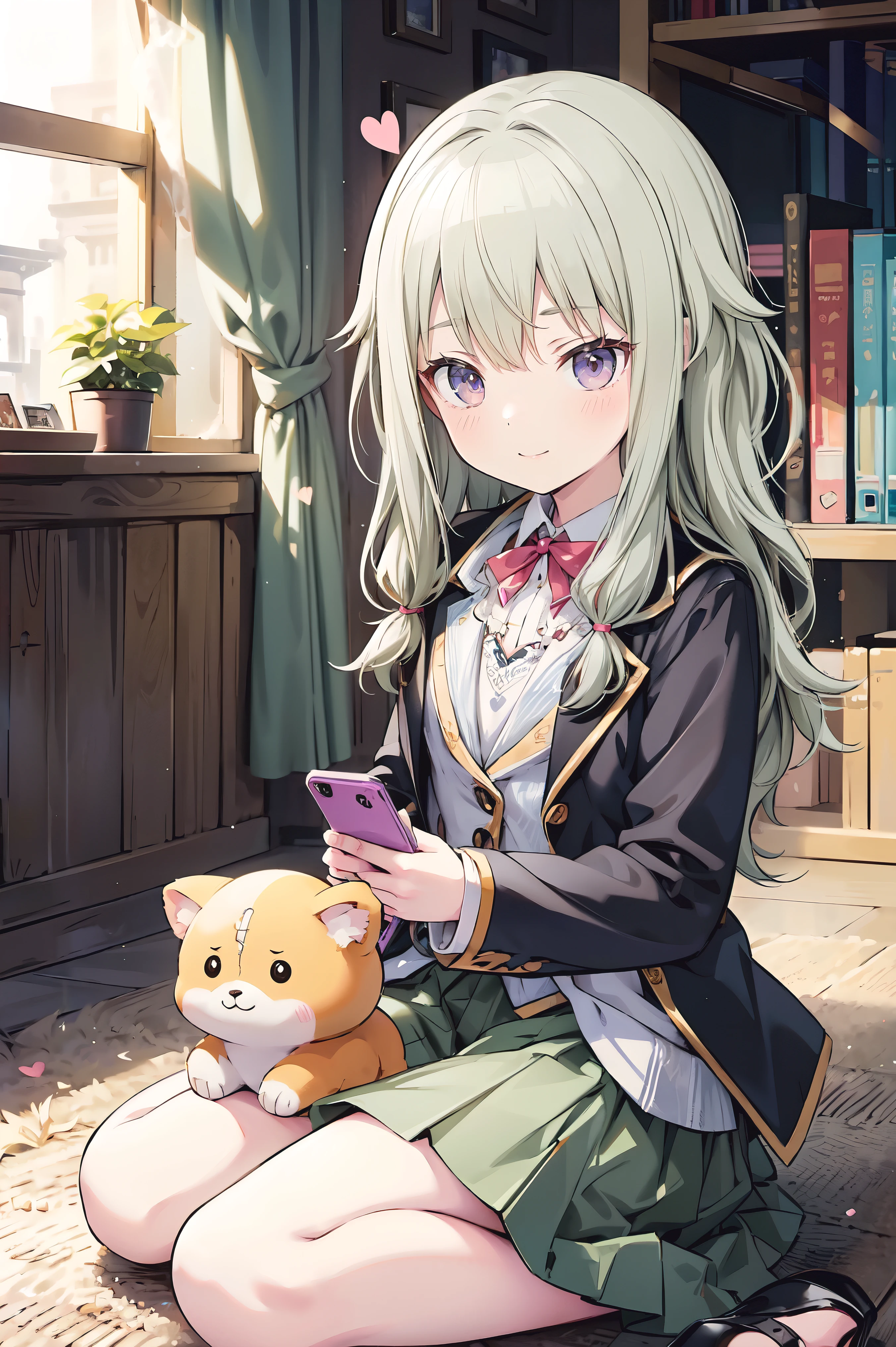 (8k, 最high quality)、Ultra-high resolution、adorable、最high quality, beautiful, Absurd beauty、masterpiece、Best image quality、(Front facing)、good feeling、smile,Face the camera、Delicate eyes、smile、Small face、female、1 person、masterpiece, Most detailed、、blazer、skirt、 high quality、♡、heart、Shiny Hair、Very fine and beautiful bright eyeedium chest、smartphone、nose blush、Very detailed, clear and beautiful face, Awards, (Anatomically correct)、The whole body is visible、Focus on the face、Sitting on the floor、Stretch your legs