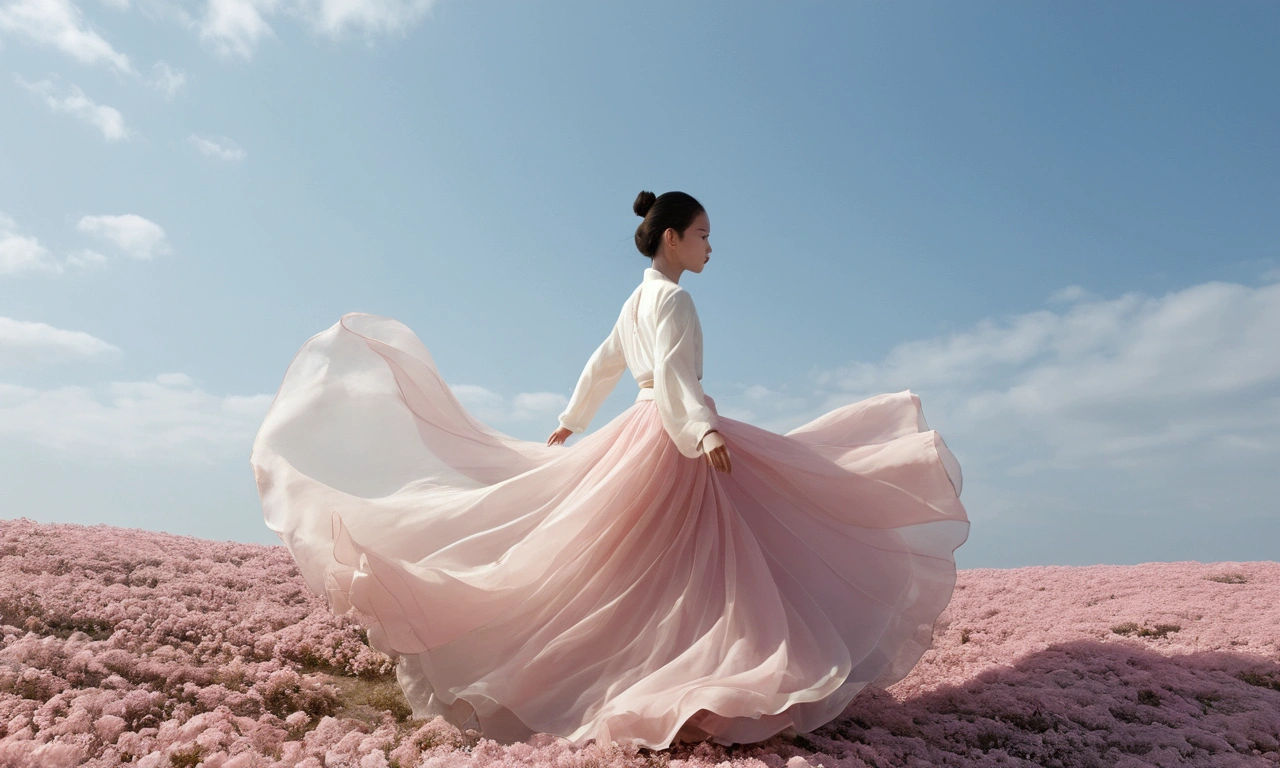 Beautiful dance photography；A little girl，Solitary；A dancing little girl，whole body像；[Black Eyeball，confidence，High and cold，happy]；[Long skirt elegant style，Long sleeve；Set，Light pink and white gradient，Traditional style，The skirt has no pattern，The hem of the long skirt is like petals covering the background,Petal pattern，The background is petals and skirt,]；[Chinese dance]，[[[whole body，Panorama 1.1]]]，front；Composition：The character is on the right side of the screen；Long hair in the wind,advanced sense,Fashion, Still photography, Loop video, Fascinating movement, captivating visuals, Seamless integration, Compelling storytelling, Vortex phenomenon, Angled form, Dynamic Movement, Bold Geometric Shapes, Fragment shape, sharp contrast, Influence of modernism, nature, , modern Art, Astonishing, Unreal Background, Art from (Alessio Albi:1.1), Soft lighting, happy emotion，Extremely detailed,The most beautiful form of chaos, elegant； Simple style；Minimalism。Panoramic photography；Depth of Field, Extraordinary details, masterpiece, high quality, 4K，cinematic lighting, motion blur, depth of field, sparkle, ray tracing, reflection light, anatomically correct, uhd, textured skin, best quality, super detail, highres, high details, accurate, high quality, award winning