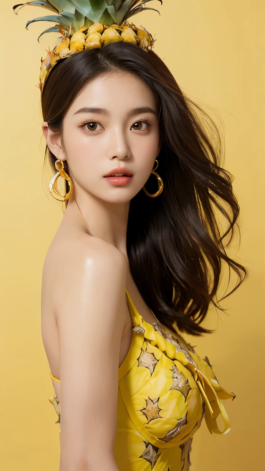 (Real, Highest quality, High resolution :1.3), One girl with a perfect body, Very beautiful face and eyes, Korean Beauty, (Slanted Eyes), Perm Hair, (Wearing a pineapple on his head:1.2), Pineapple print swimsuit, Pineapple Earrings, Big Breasts
