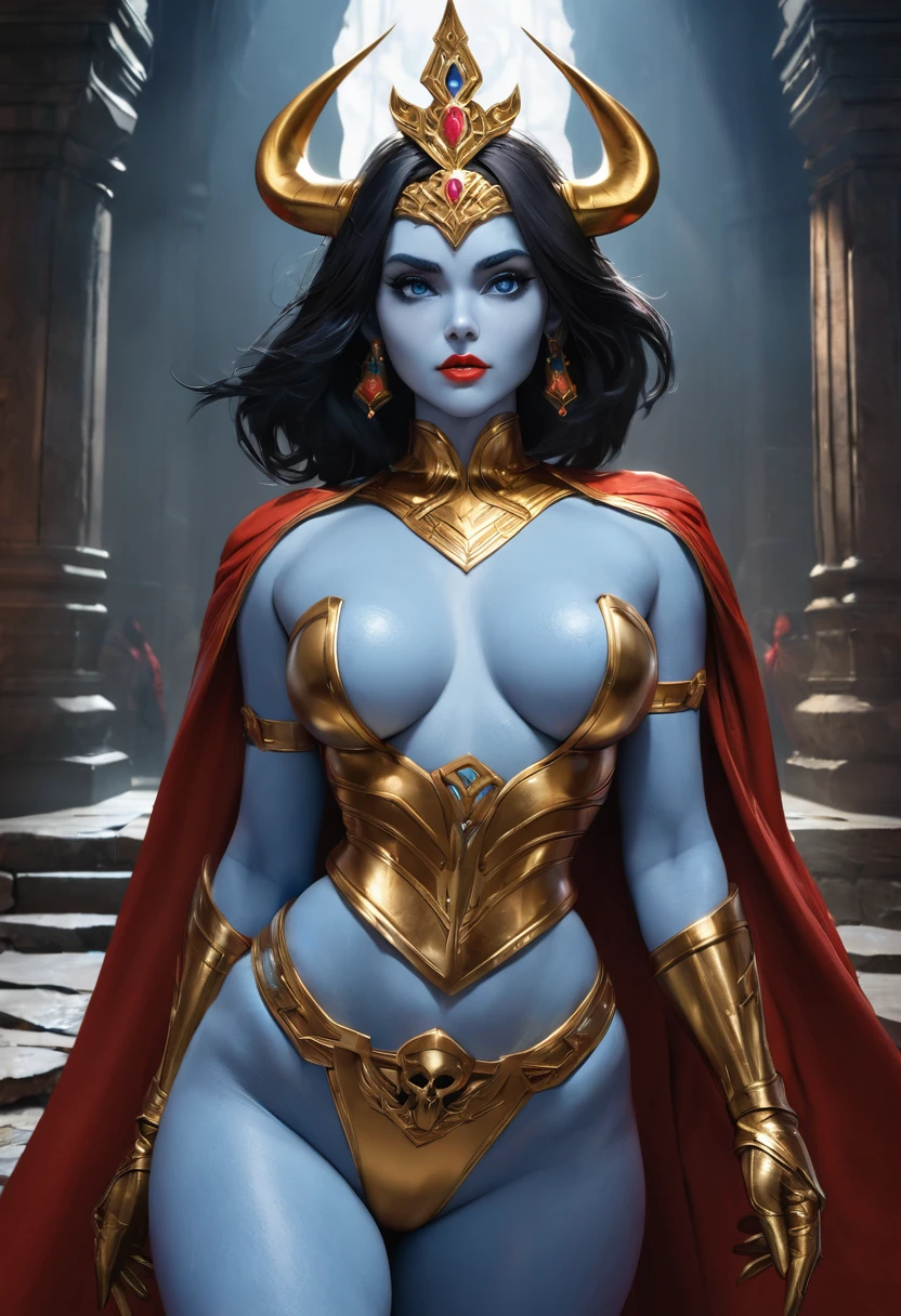 full body, (best quality,4k,8k,highres,masterpiece:1.2), ultra-detailed, (realistic,photorealistic,photo-realistic:1.37),(Numerous award-winning masterpieces, incredibly detailed and textured, maximal resolution and clarity), (Hyper-realistic:1.4), (Realistic:1.3), super quality, beautiful detail, super detailed, extra fine, 16K, exquisite, absurd, high resolution, masters of the universe, (best quality,4k,8k,highres,masterpiece, colorful, vibrant colors:1.2), a woman with (light blue skin, blue skin:1.3), (solid black eyes:1.2), long eye lashes, thin eyebrows, (black hair), high cheek bones, gaunt cheeks, red lips, firm jaw, beautiful, wide hips, narrow waist, gold horned tiara, (blue leotard), black corset, belt with a skull buckle, red cape, black boots, gold gloves.
Show her walking toward the camera, (confidently walking, determined stride:1.1), dynamic exaggerated pose. through a dark stone temple interior, volumetric lighting
