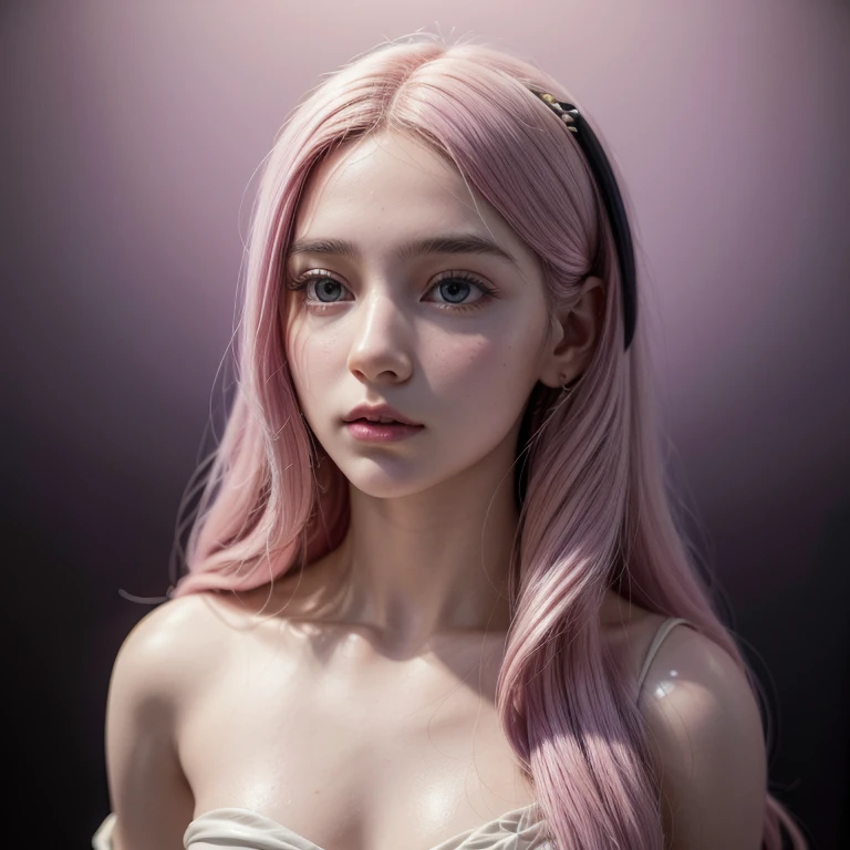 a marble statue of a young woman, long hair, in the style of haroon mirza, pink and lilac gradient background, hyperrealistic still life, clear edge definition, miniature sculptures, iconic pop culture references, neoclassical compositions, classical precision, scott gustafson , cloudpunk, neoclassical compositions --300 style
