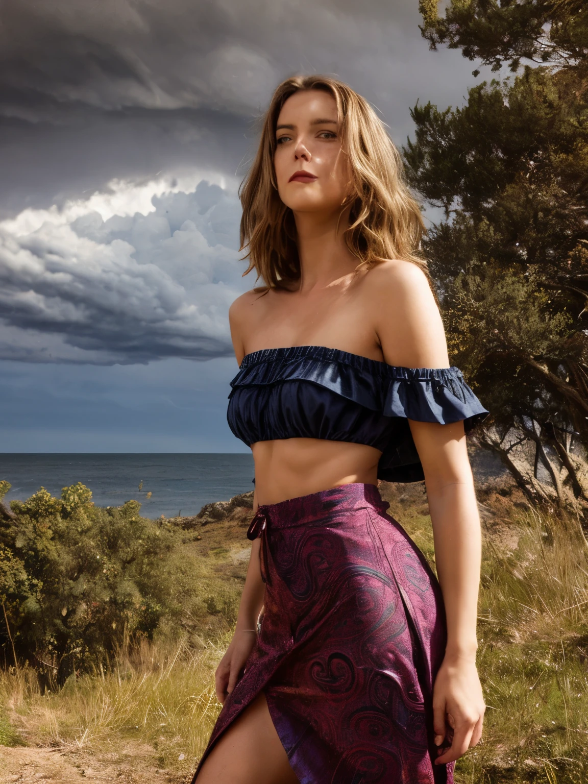 A young woman lies gracefully on the rugged coastline of Ibiza's rural coast, amidst a vibrant yet stormy autumn setting of the 1870s. Her attire consists of a distinctive paisley print off-the-shoulder top and a flowing maxi skirt, both detailed with unique colors and patterns that complement the dramatic autumn scenery. The off-the-shoulder top is crafted from a rich, deep emerald green silk with intricate paisley patterns in bronze and ochre. The fabric's sheen reflects the tumultuous light of the stormy sky, while the off-the-shoulder design reveals her collarbones with delicate elegance. The maxi skirt, made from a soft, rust-colored velvet, drapes around her with subtle movement, its luxurious texture contrasting with the stormy, wind-swept environment. The skirt's hem is adorned with a fringe of muted gold, adding a touch of refinement to the flowing fabric. Her hair is styled in soft, wavy blond locks that fall gracefully around her shoulders. The natural waves are slightly tousled by the strong coastal winds, with the occasional strand catching the dim light of the stormy sky. The buzz-cut at the nape of her neck adds a contemporary twist to her otherwise vintage attire. Her skin is a warm tan, with natural imperfections such as freckles and slight blemishes, highlighted by the golden and grey tones of the overcast sky. The stormy autumn landscape of the rural Ibiza coast is depicted with vivid colors and dramatic elements. The coastline is rugged and rocky, with cliffs jutting out into the turbulent sea below. The trees, mostly Mediterranean oaks and cypress, are in full autumn splendor, their leaves turning a fiery mix of oranges, reds, and deep browns. The storm has sent many of these leaves swirling through the air, creating a dynamic, swirling dance of color around the woman. The sky is heavily overcast with dark, brooding storm clouds, which intermittently release heavy showers and flashes of lightning, adding a dramatic contrast 