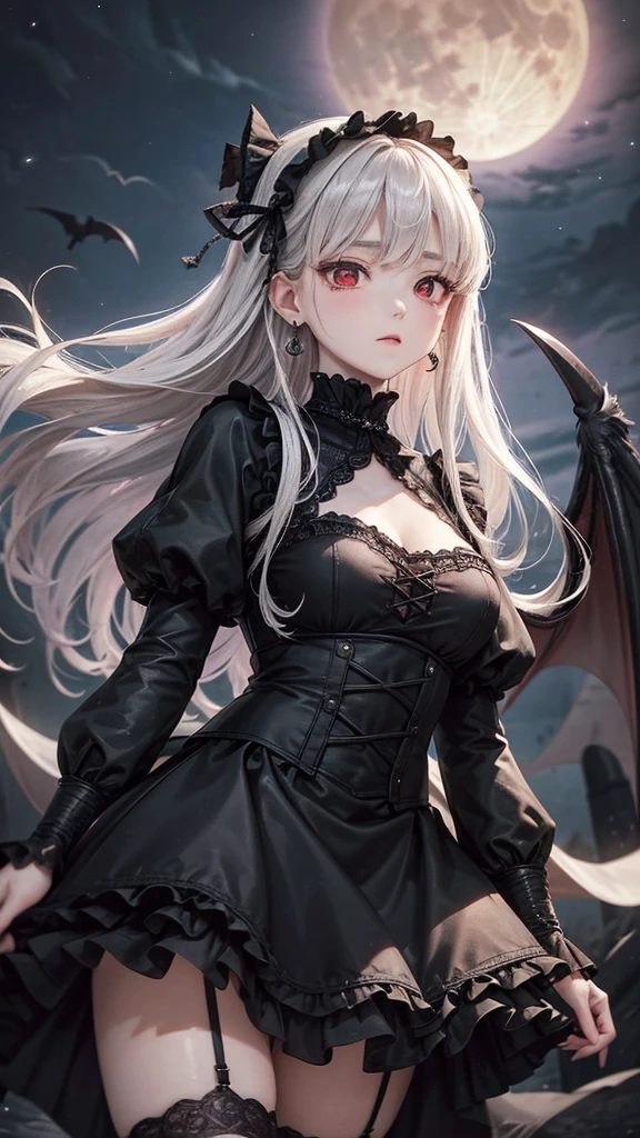 (Highest quality,Very detailed,High resolution:1.2),One Girl,Gray Hair,The most beautiful girl in human history,(1 photo from the front)、暗い red eyes (暗いred eyes:1.1),さみし気なaura(aura:1.1),(mysterious,Ghostly:1.1) atmosphere,Looks like half a demon,(Demonic traits,Demonic traits),(Elaborate,wonderful) Earrings,Small Ass,Elongated beautiful legs、Semi-long hair that reaches the shoulders, ((Upper Body Shot)), (Focus on the chest and face),D-cup beautiful breasts、Clear eyes、Are standing、Slightly flushed cheeks,((Gothic ta style outfit))、Black long coat、((Black long skirt))、Black Stockings、It has huge bat-like wings growing from its shoulders.,A big full moon shines in the dark night sky、Underexposed eyes
