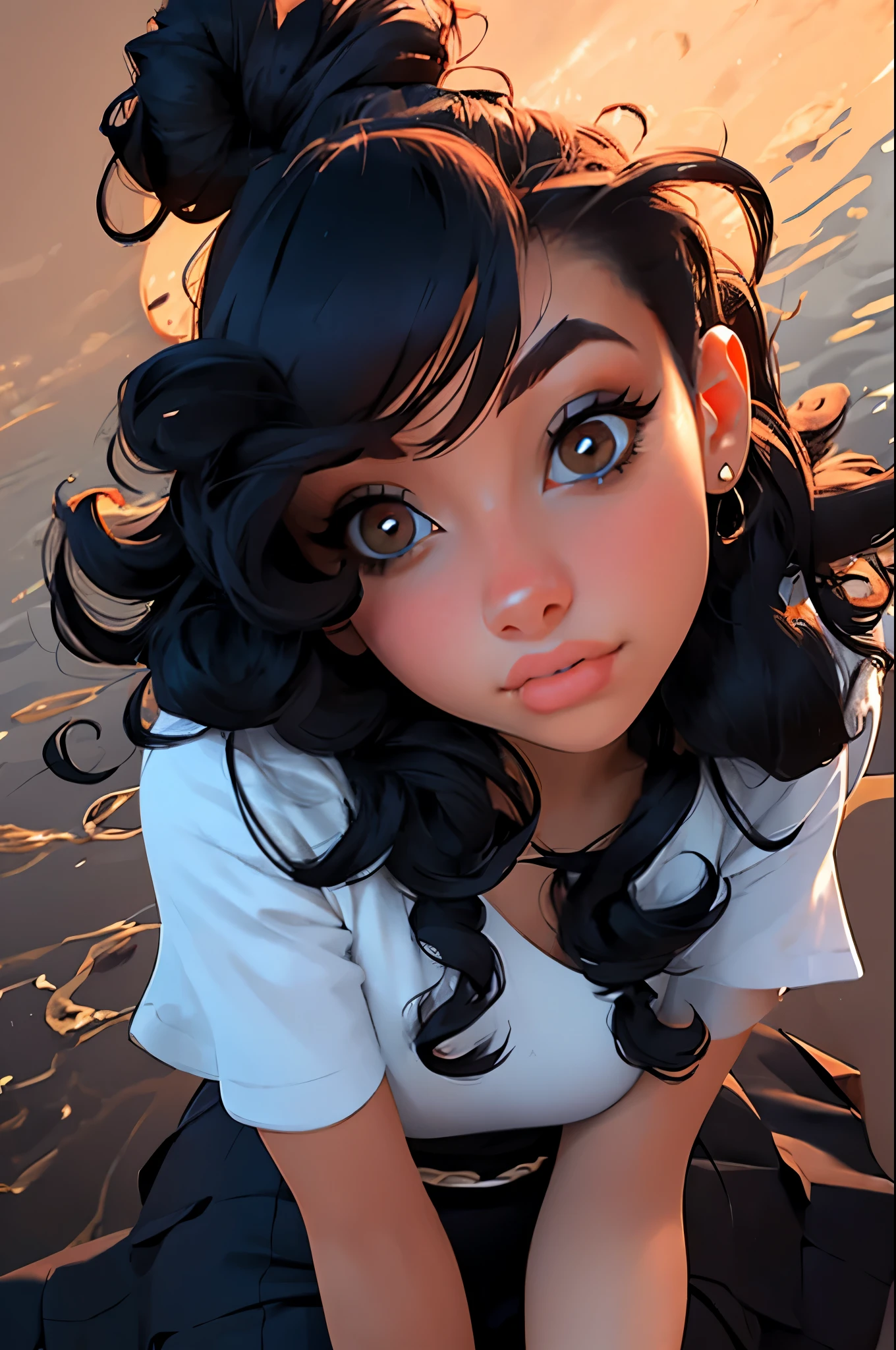 Girl 18 years old, porn star body, big lips, Plump lips, hourglass body, slim stomach, big eyes, Brown eyes, eyes full of lust, small nose, narrow nose, Plump lips, narrow cheekbones, sunken cheeks, narrow face, short bangs,black hair curls, Big hips, dressed in an erotic red satin tight dress, gorgeous neckline