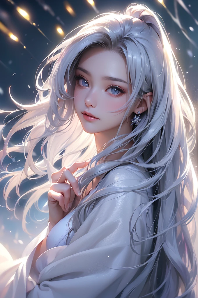 ((masterpiece:1.5、8k、Portraiture、フォトリアリスティックでVery detailedなCG、Very detailed、Particle Effects、Dynamic Effects、Shallow depth of field、Cinematic Light、Lens flare、Ray Tracing、Tabletop、Realistic:1.4、Ultra-high resolution:1.2、Realistic、Realistic))((alone、Woman wearing a cashmere coat:1.4、Elegant woman posing、look up、Detailed face、bright表情、young, bright, Whiter skin、small breasts、Beautiful cleavage、Best Looks、Ultimate beauty、Shiny silver hair with highlights、bright and shiny hair,、Super long, Silky straight hair、Hair dancing in the wind))(morning、The setting is outdoors in the snow、Surrounded by illuminations)