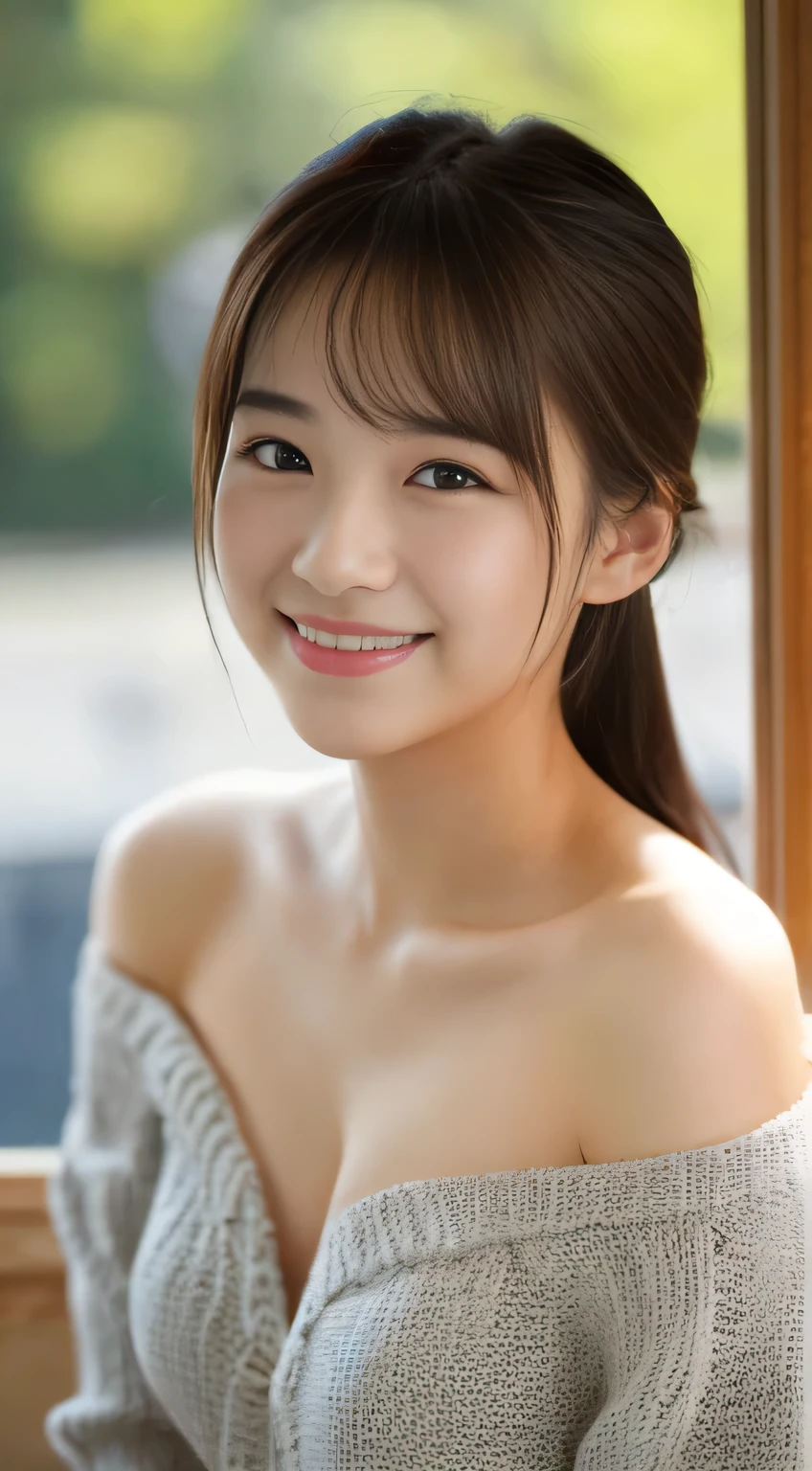 masterpiece,best quality,(Japanese girl),((Beautiful girl)),cleavage,(off shoulder:1.2),(perfect body beauty:1.2),(shy smile),From slightly above