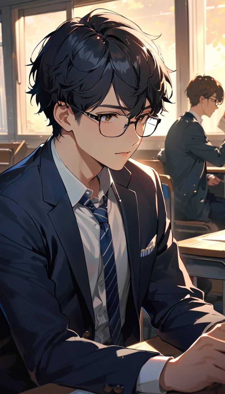 18 years old, a handsome boy, Black Hair, Short Hair,Glasses, blazer, high school student,Introvert,(Dark atmosphere),In the classroom,(Dense atmosphere)