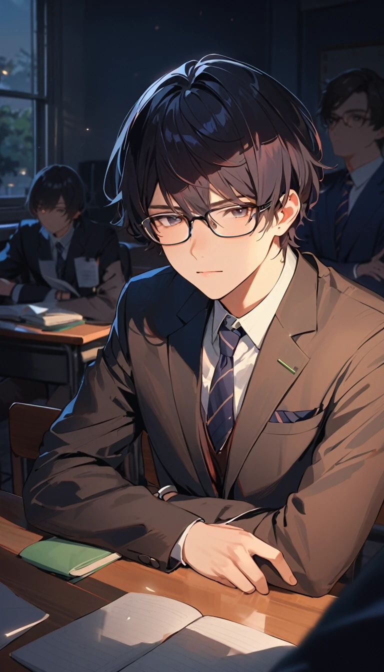 18 years old, a handsome boy, Black Hair, Short Hair,Glasses, blazer, high school student,Introvert,(Dark atmosphere),In the classroom,(Dense atmosphere)