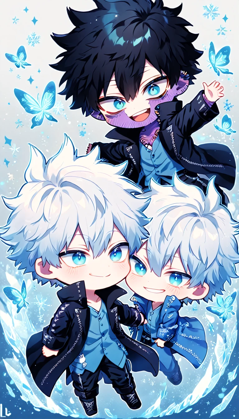 absurdres, highres, ultra detailed, HDR, master piece, best quality, extremely detailed face, delicated features, Dabi chibi, black hair, expressive turquoise eyes, Boku No Hero Academia, Gojou Satoru chibi, white hair, expressive blue eyes, white eyelashes, two boys together, yaoi, gay couple, cute, smiling, blue jacket with fur, black coat, fantasy, magical, ice, blue fire, ice butterflies, snowflakes, blue flames
