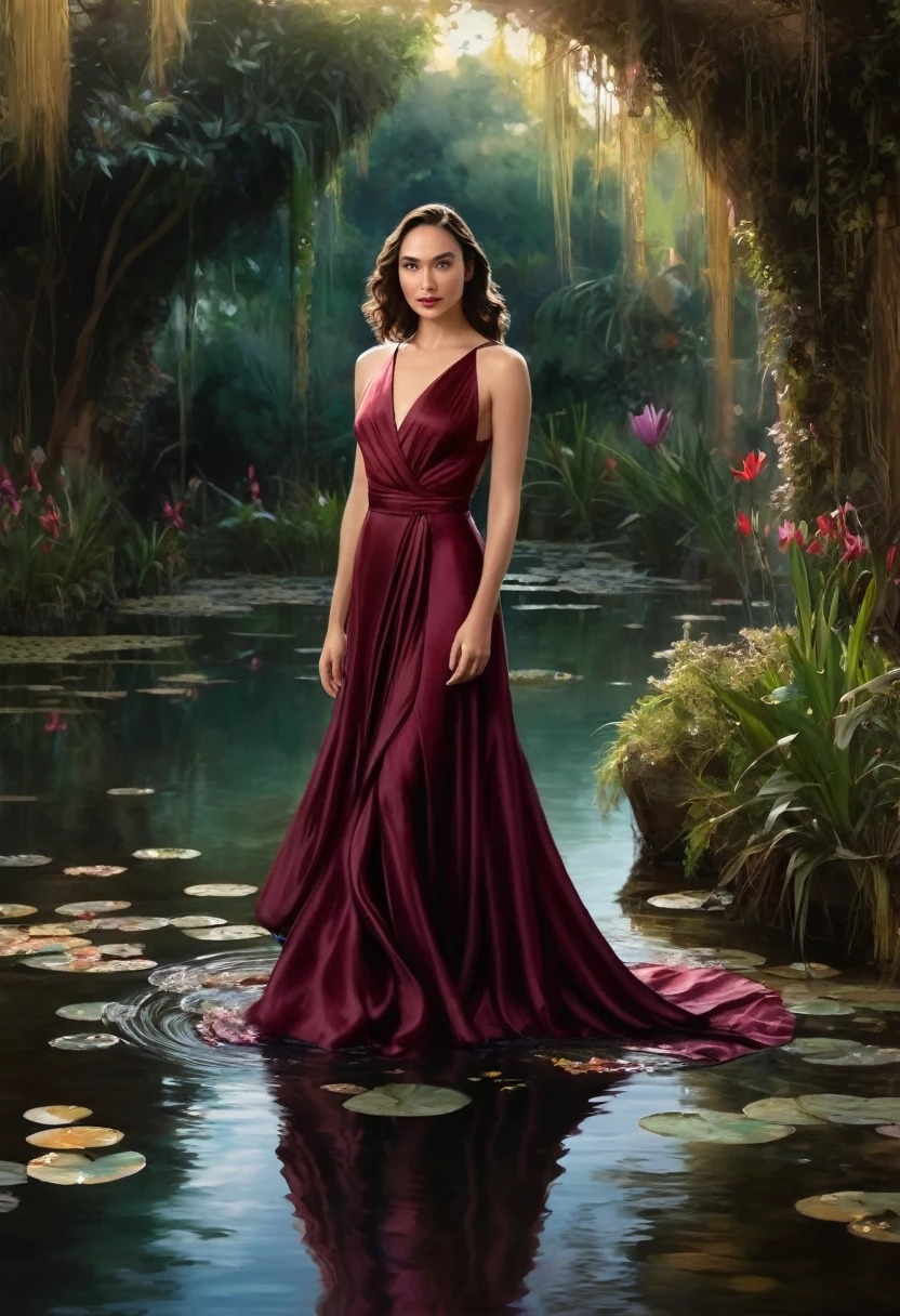 1 girl "Gal Gadot in a long burgundy dress", paint: A charming work of art depicting a girl dressed in silk., By a mystical pond, surrounded by turbulent and