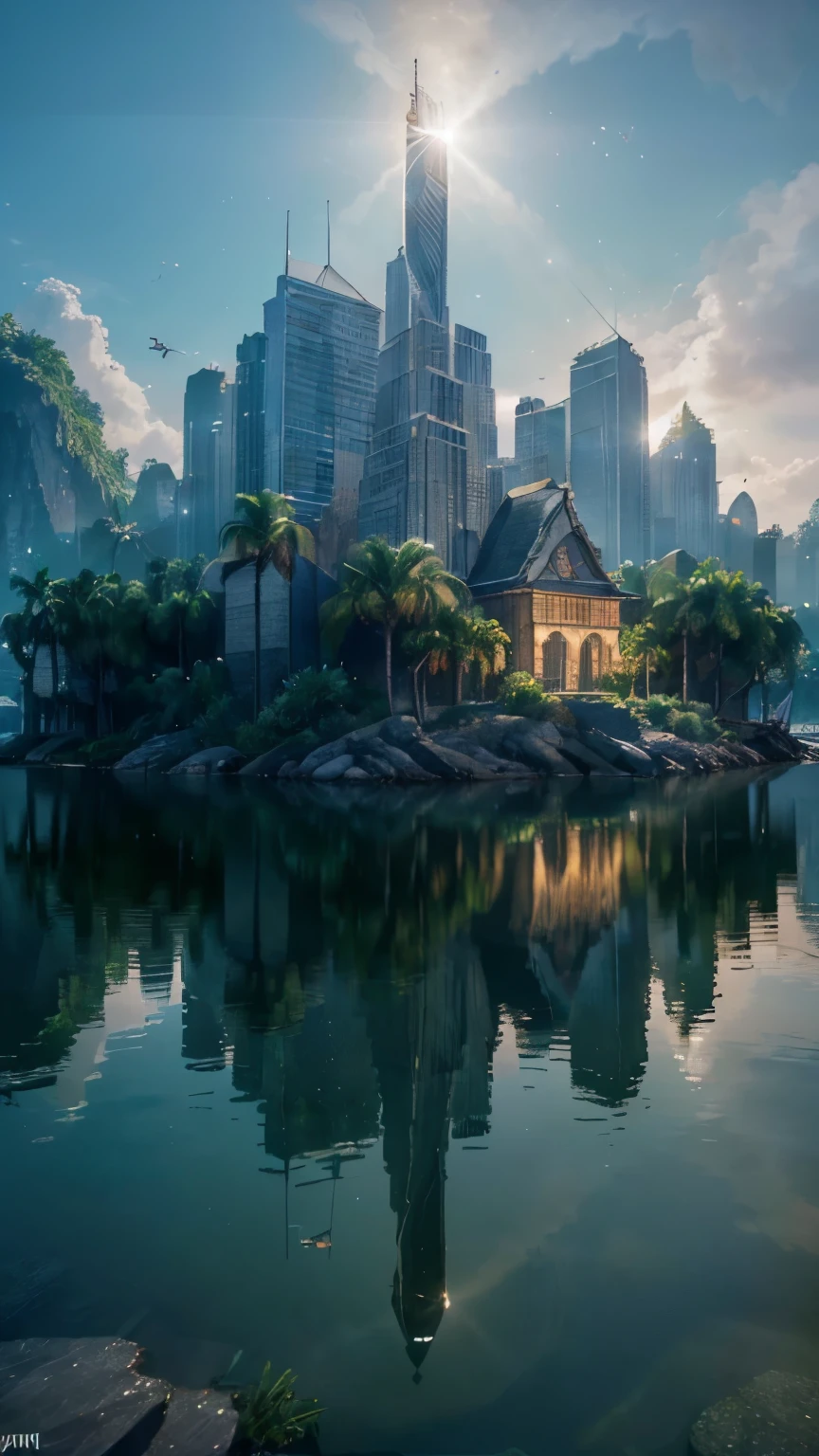 (8k, RAW Photos, Highest quality, masterpiece:1.2), (Realistic, photo-Realistic:1.37), Octane Rendering, Ultra-high resolution, Very detailed, Professional Lighting, Photon Mapping, Radio City, Physically Based Rendering, UE5, ((Island Sanctuary)), ((The Fallen Kingdom of)), ((Reflection on the surface of the water)), ((Ray Tracing)), ((Submerged City))