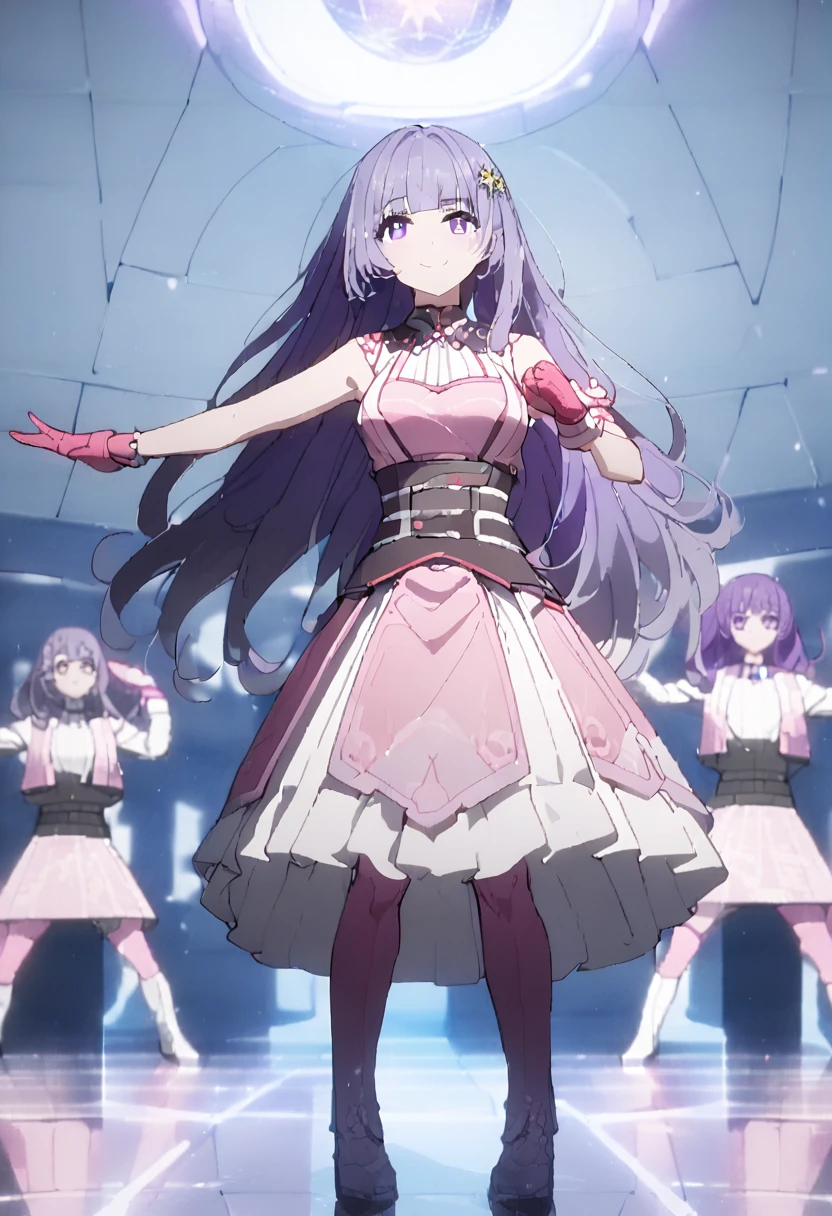 great quality ++ Extremely detailed high resolutionolution, very aesthetic, expressive eyes, (((perfect face))), (((face symmetrical))), ((good anatomy)), (((perfect hands))), (((8k))), UHD, HD wallpaper, (((detailed high cal, (((((1girl)))))), only, masterpiece, La Best Quality, high resolution, Highly detailed, (illustration), beautiful detailed eyes, (((combatant))), (((((1girl))))), ((((full body)))), (((((Miku Izayoi))))), ((((((((purple hair)))))))), ((((((((purple eyes)))))))), (((rvcm_duotone3_haiRstyle))), (((agglutination))), Combination, (((mature female))), (((bangs))), (((blunt bangs))), (((hime cut))), (((hair ornament))), (((Idol))), (((Concert))), (((dome))), (((dancing))), (((Singing))), (((star-shaped pupils))), ((((purpler hair)))), (((purple eyes))), (((pink dress))), (((Sleeveless Dress))), (((pink gloves))), (((pink thighhighs))), (((belt))), (((narrow shoulders))), (((narrow waist))), (((They are smiling))), Long hair, huge, garden of a castle, (((mature female))), masterpiece, Best Quality, ((masterpiece)), ((best calidra derailed)), Upper part of the body, (((face to face look))),