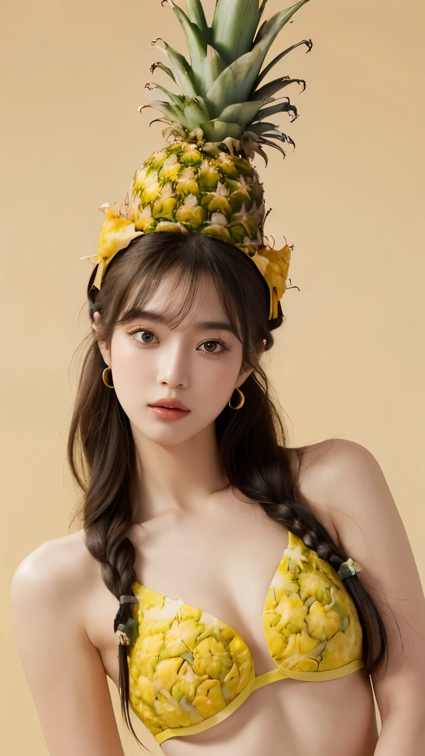 (Real, Highest quality, High resolution :1.3), One girl with a perfect body, Very beautiful face and eyes, Korean Beauty, (Slanted Eyes), Perm Hair, (Wearing a pineapple on his head:1.2), Pineapple print swimsuit, Pineapple Earrings