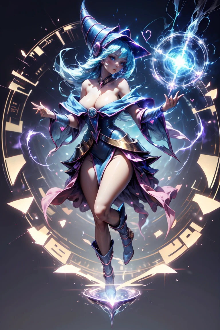(masterpiece:1.2), (The best quality:1.2), perfect lighting, Dark Magician Girl casting a spell, floating in the air, big big hips, neckline, magic background. Transparent hearts in the air., blue robe, big hat, from above, shines, Yugioh card in the background that is very close to the screen.