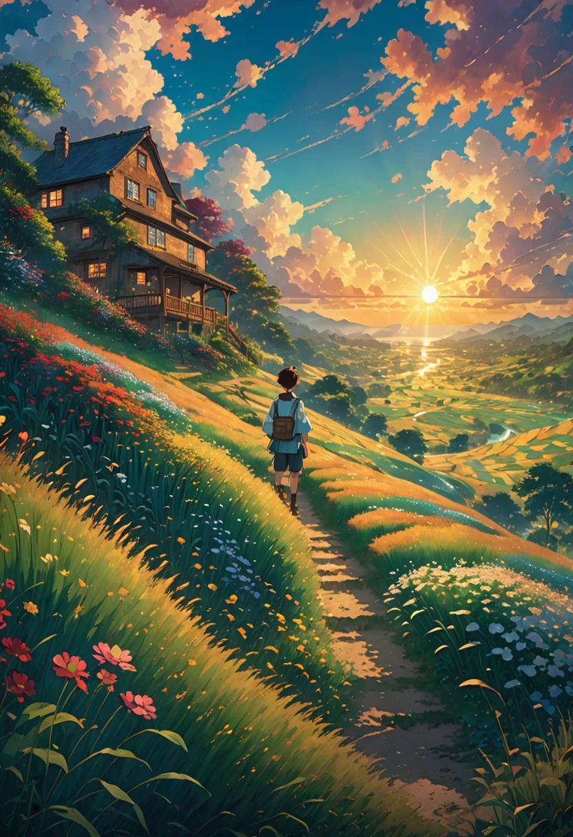  field tall grasses sun hinkai, bottom view. 
     beautiful anime scene, dreamy, majestic, 4k anime wallpaper, amazing miyazaki, thomas kinkade matte 4k, Aries Moross art.boy HD 8K