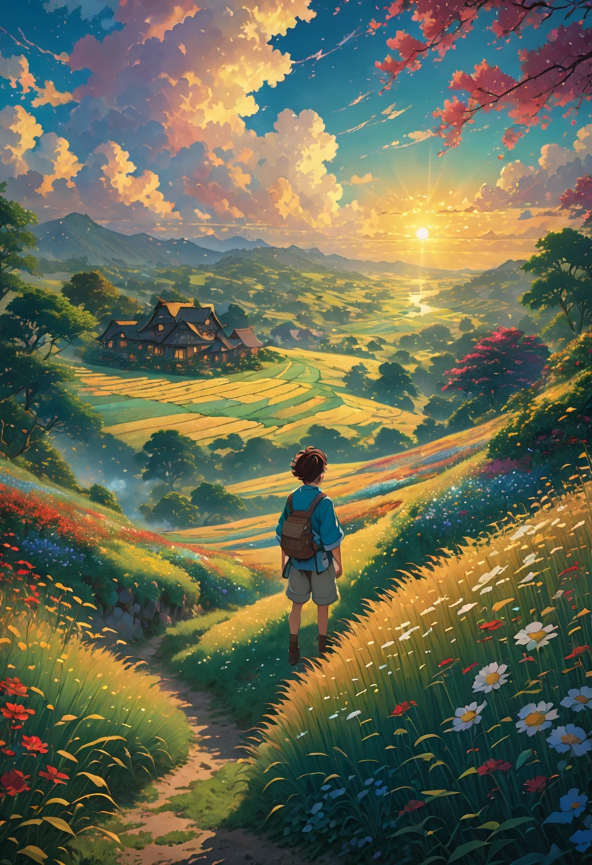  field tall grasses sun hinkai, bottom view. 
     beautiful anime scene, dreamy, majestic, 4k anime wallpaper, amazing miyazaki, thomas kinkade matte 4k, Aries Moross art.boy HD 8K