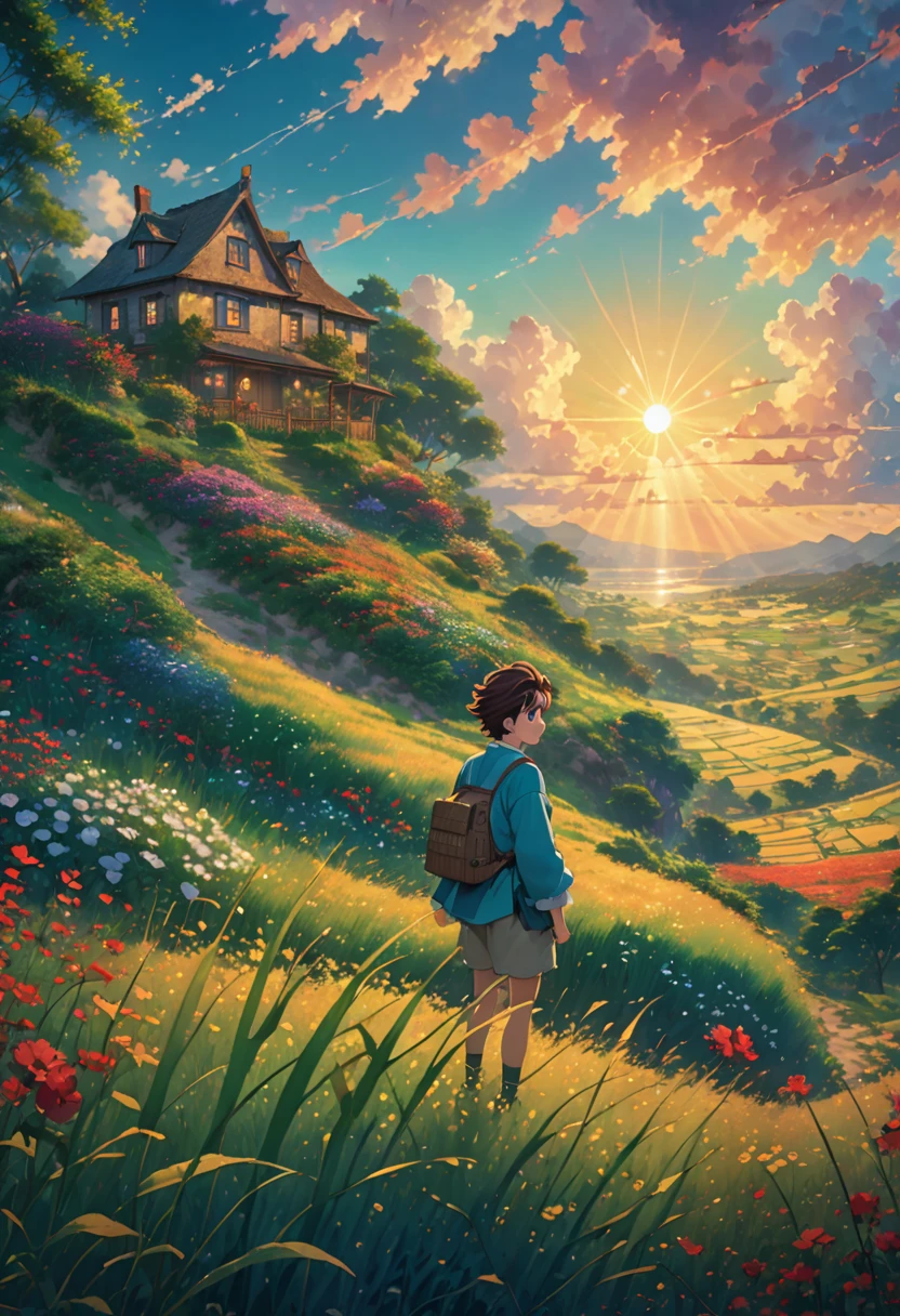 field tall grasses sun hinkai, bottom view.
beautiful anime scene, dreamy, majestic, 4k anime wallpaper, amazing miyazaki, thomas kinkade matte 4k, Aries Moross art.boy HD 8K