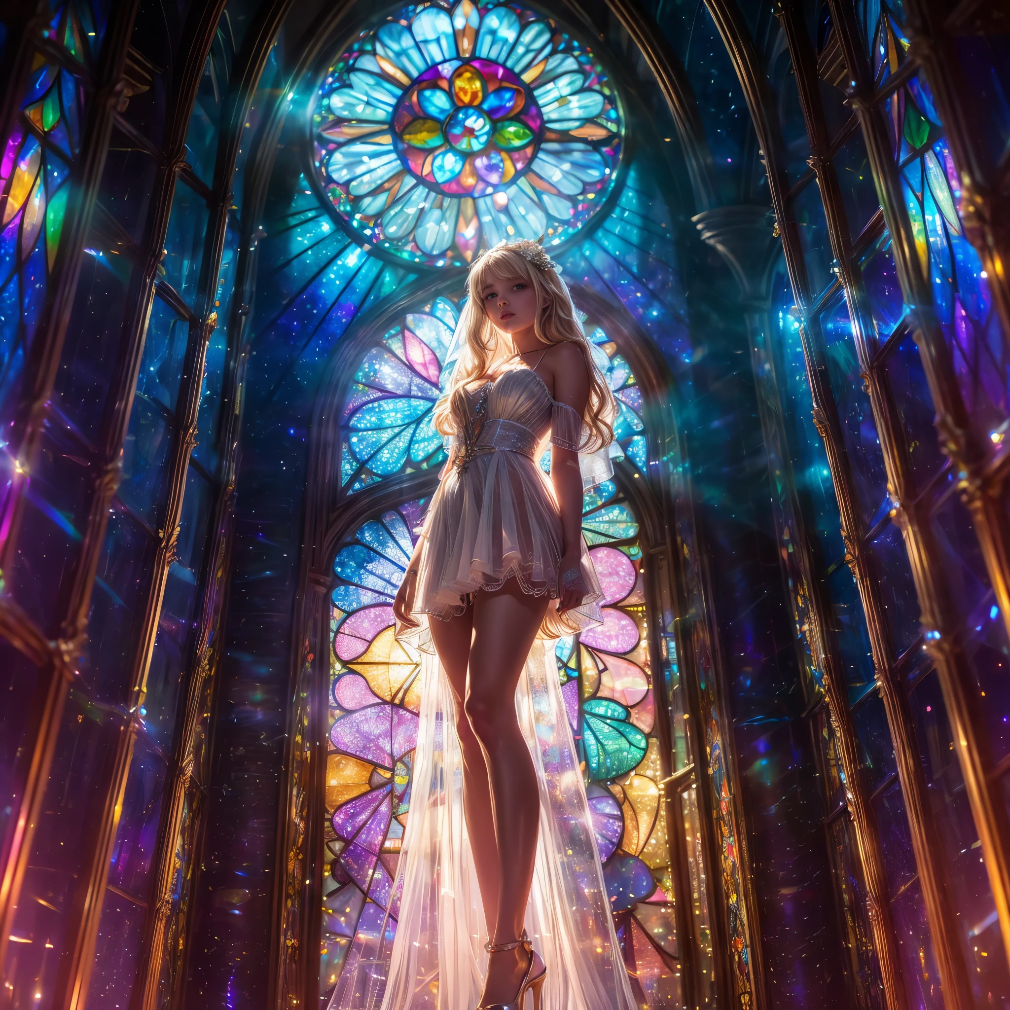 (Cathedral from below:1.28) (ZoomLayer) TopQuality 8K masterpiece of ((Professional photo)), (((Clarisse de Cagliostro))) (Detailed White WeddingDresses), Chain, (((Extremely detailed KAWAII face))) {((VeiledFace))|BlondeHair|(Elaborate BuleEyes)with(SparklingHighlights:1.28)}, The background is distant (((Elaborate stained glass))) Rainbow Glass, {(MysticSight)|EnchantingAtmosphere|Haze|(GodRays)|TyndallEffect}, Radiant PearlSkin with Transparency, (Exposed:0.39)