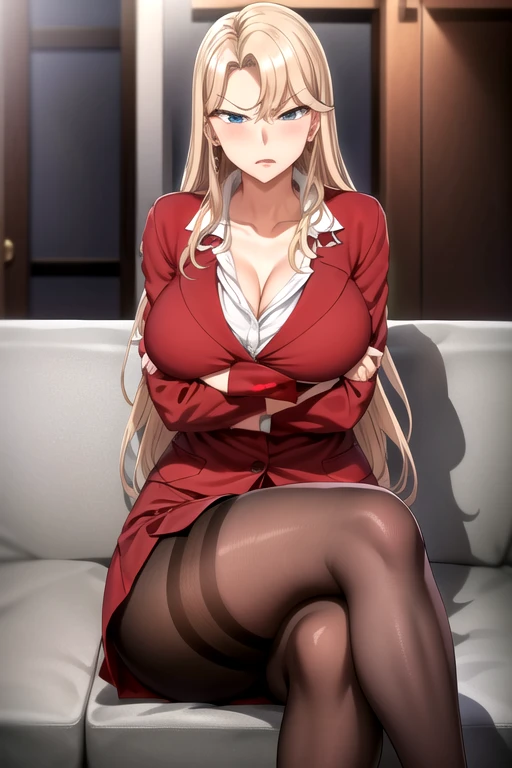 masterpiece, best quality, highly quality  ,   ReikaKrshk-KJ, collared shirt, cleavage, sitting, jacket, black pantyhose, crossed arms, crossed legs, couch, red skirt suit , (angry , disgusted:1.2) , (blush:1.2) , mature woman , (thighs:1.2) , thick thighs ,