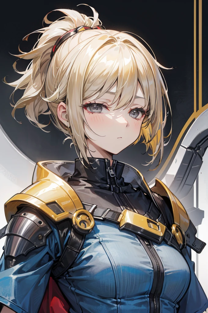 초상화, cyberpunk, 1girl, solo, mature_female, ((golden_hair, short_hair_ponytail, gray_eyes, expression_face, half closed_eyes)), 충직한 기사, a jean jacket over a T-shirt, right shoulder armor