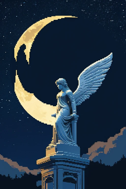 angel statue, night, moon, pixel art