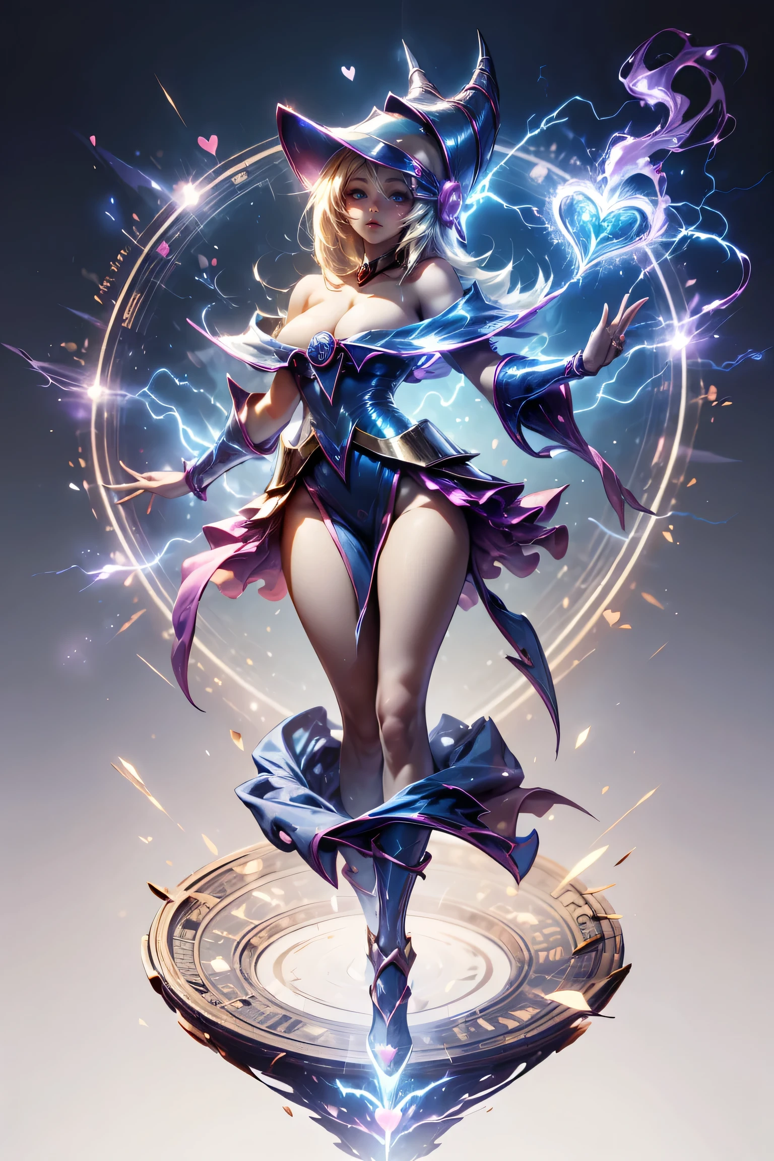 (masterpiece:1.2), (The best quality:1.2), perfect lighting, Dark Magician Girl casting a spell, floating in the air, big big hips, neckline, magic background. Transparent hearts in the air., blue robe, big hat, from above, shines, Yugioh card in the background that is very close to the screen. 